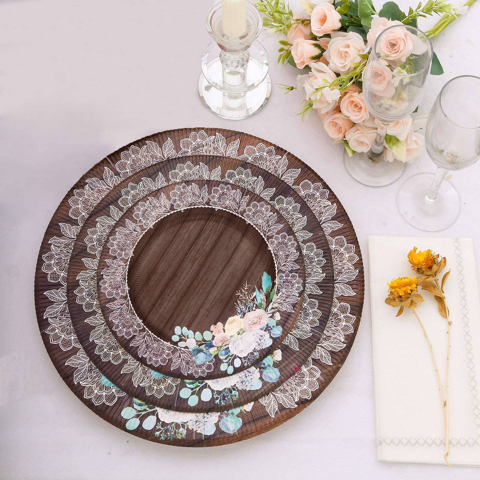 25-Pack Paper Round Dinner Plates 10" Brown Wood Print with Floral Lace Rim - Disposable Party Plates for Rustic Themes & Celebrations - Image 9