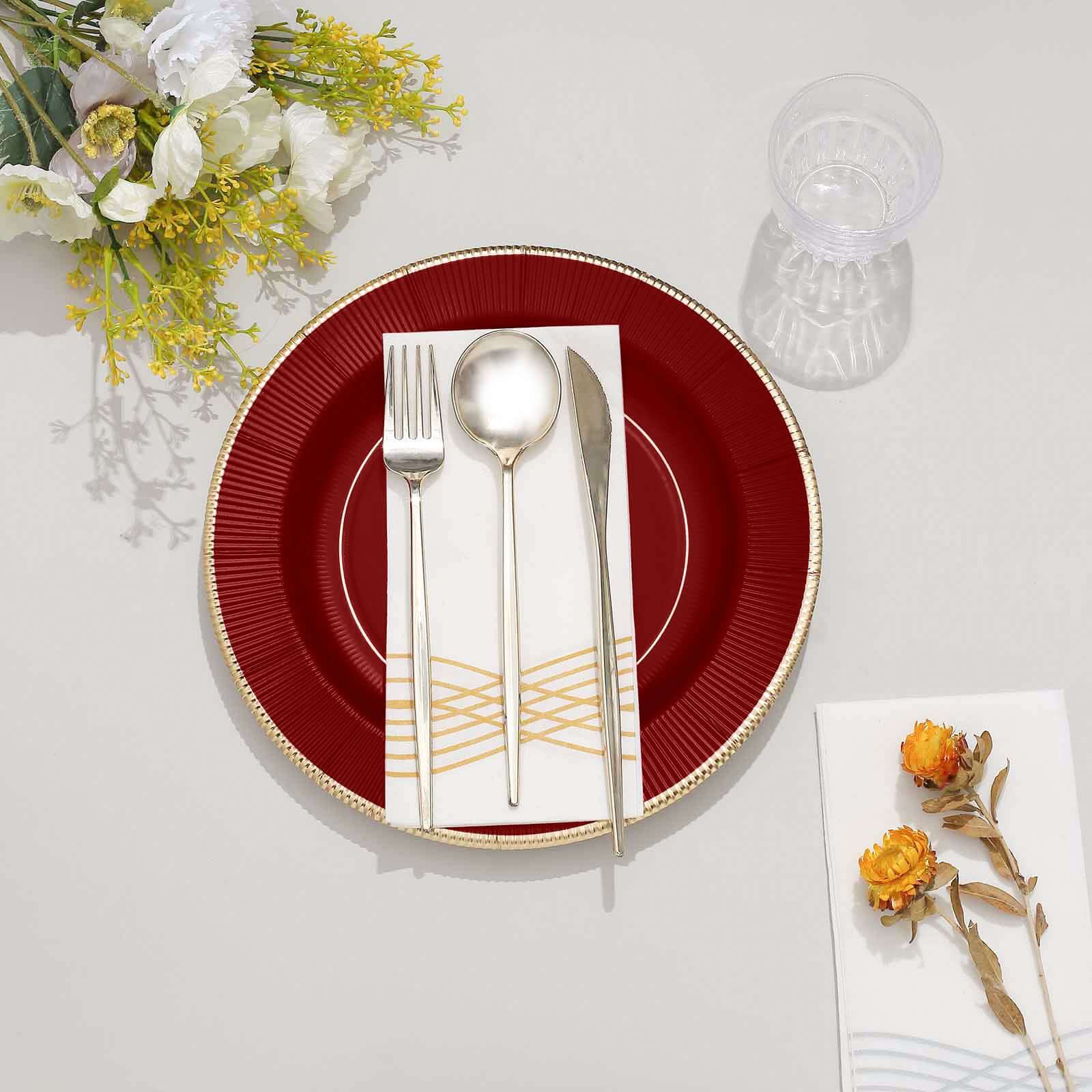 25-Pack Paper Round Dinner Plates 10" Burgundy Sunray Design with Gold Rim - 350GSM Heavy Duty Disposable Party Plates - Image 10