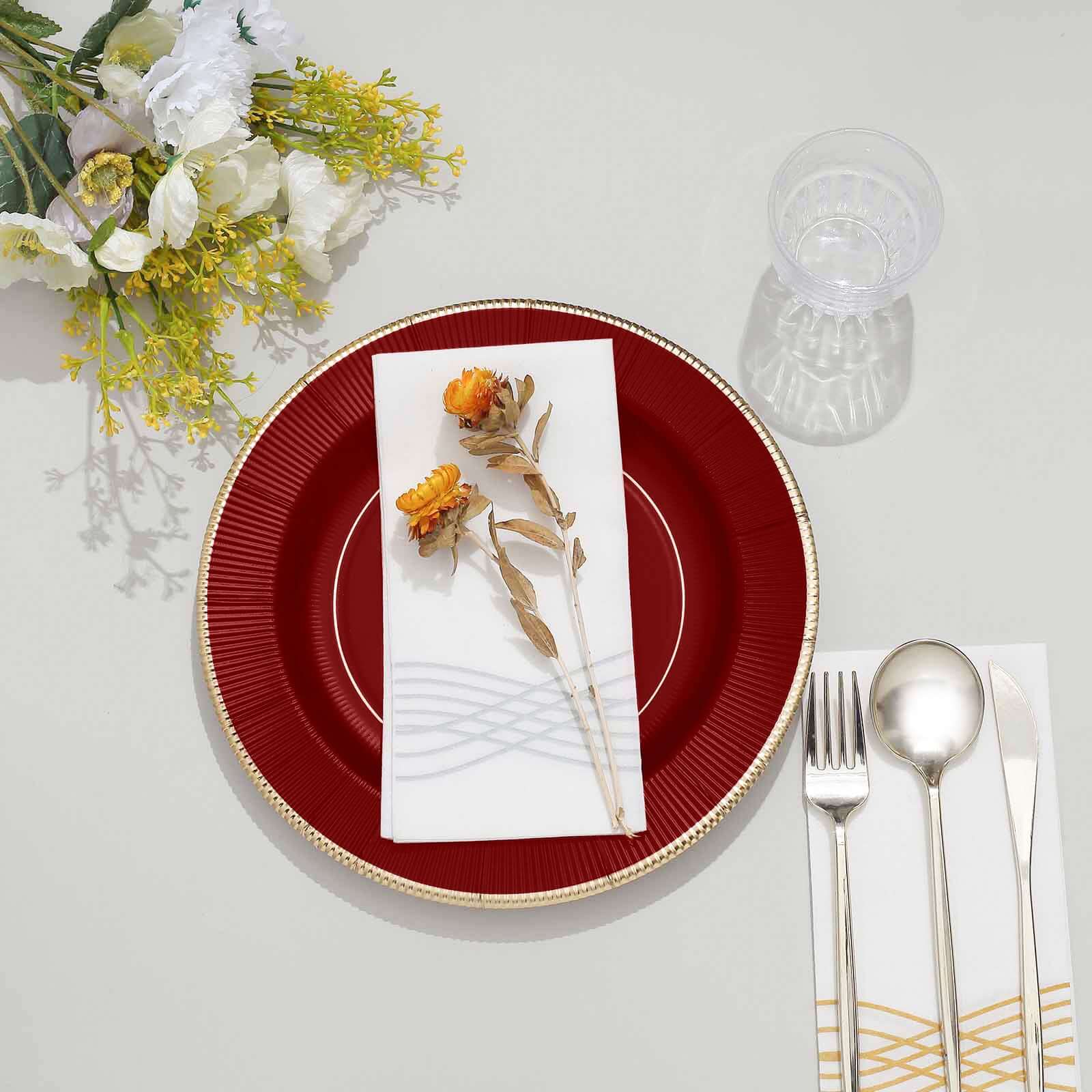 25-Pack Paper Round Dinner Plates 10" Burgundy Sunray Design with Gold Rim - 350GSM Heavy Duty Disposable Party Plates - Image 11