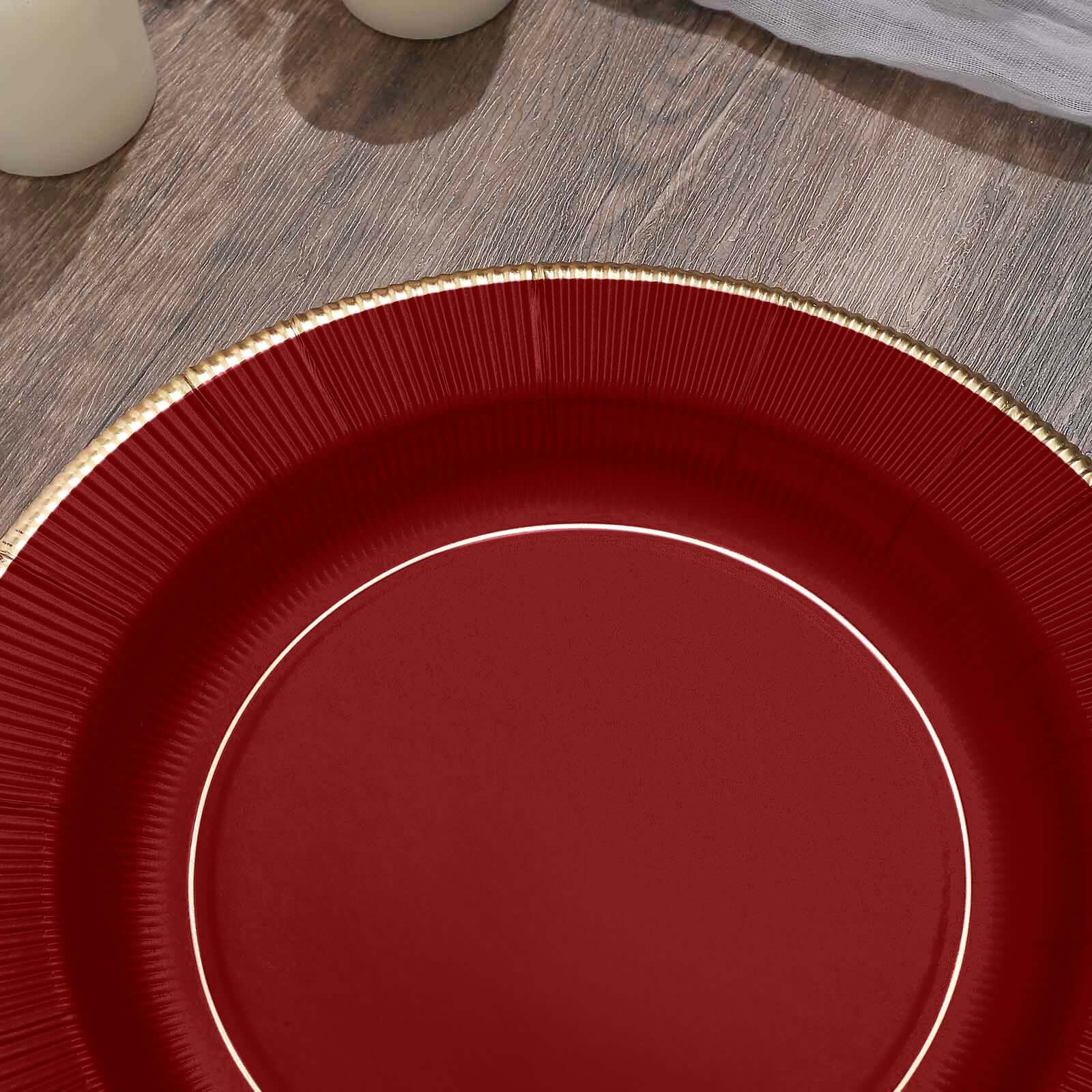 25-Pack Paper Round Dinner Plates 10" Burgundy Sunray Design with Gold Rim - 350GSM Heavy Duty Disposable Party Plates - Image 12