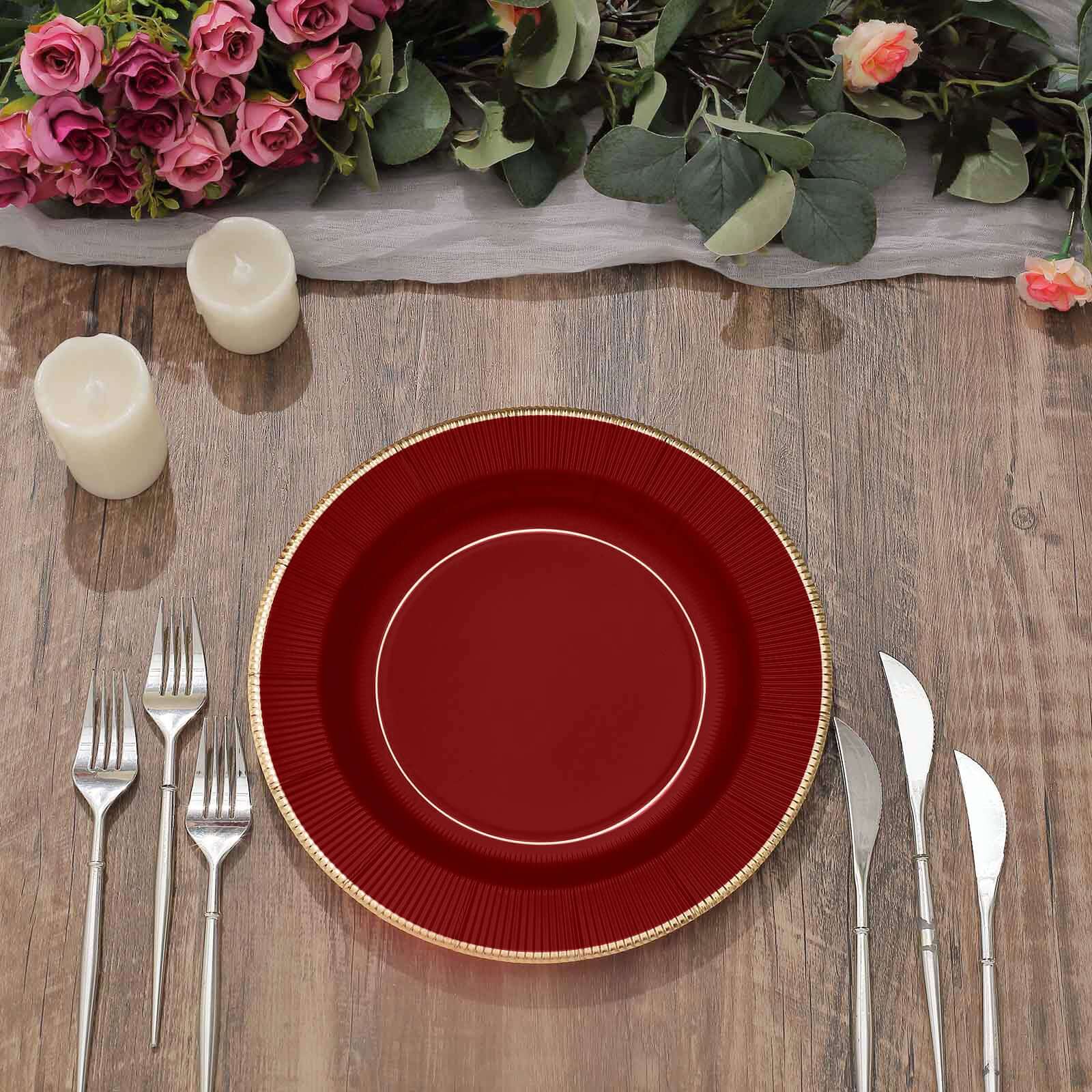 25-Pack Paper Round Dinner Plates 10" Burgundy Sunray Design with Gold Rim - 350GSM Heavy Duty Disposable Party Plates - Image 13