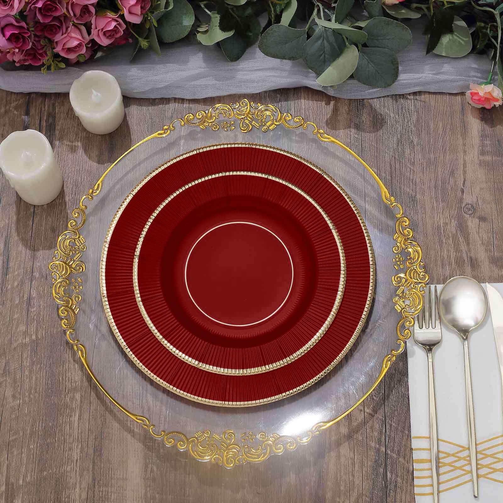 25-Pack Paper Round Dinner Plates 10" Burgundy Sunray Design with Gold Rim - 350GSM Heavy Duty Disposable Party Plates - Image 2