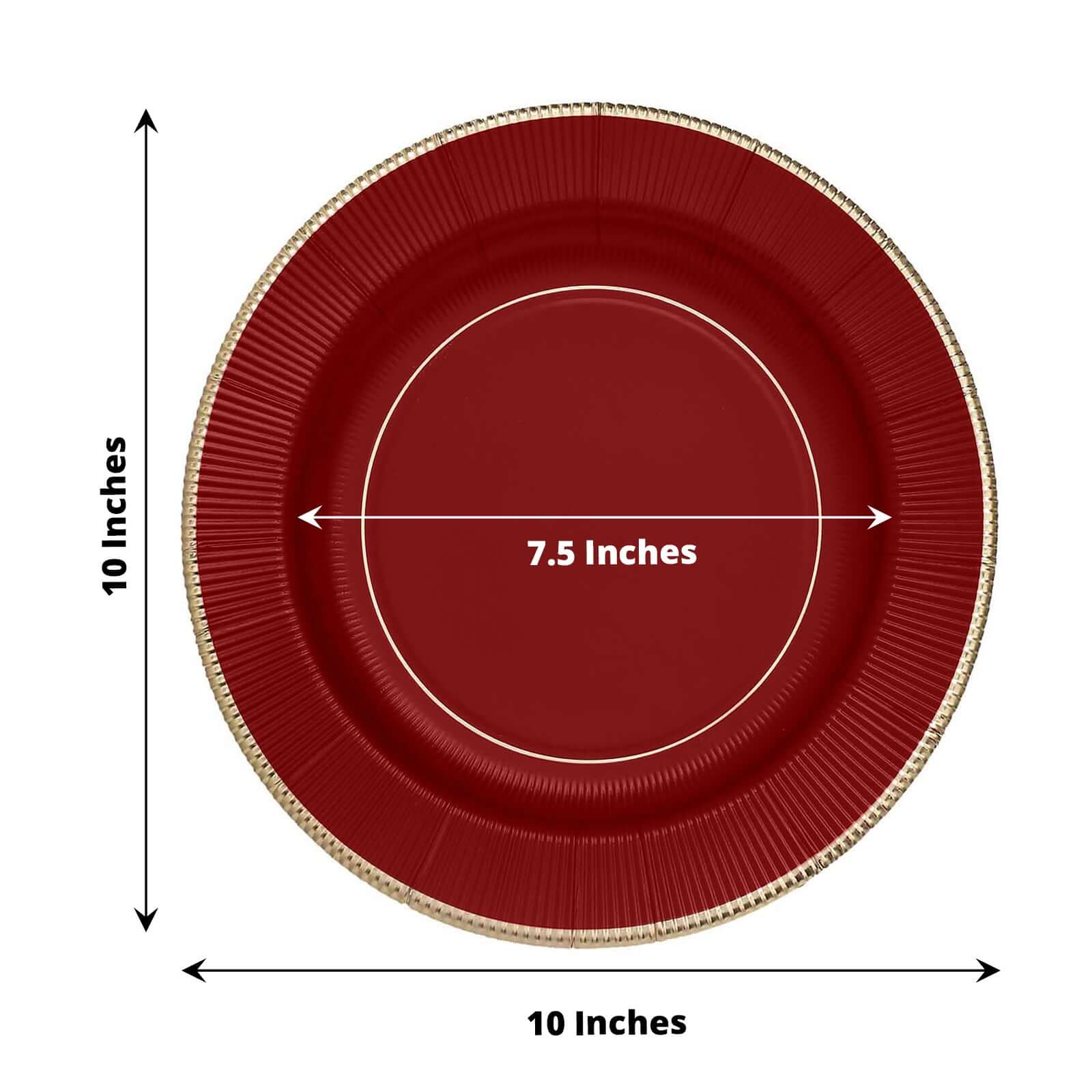 25-Pack Paper Round Dinner Plates 10" Burgundy Sunray Design with Gold Rim - 350GSM Heavy Duty Disposable Party Plates - Image 3