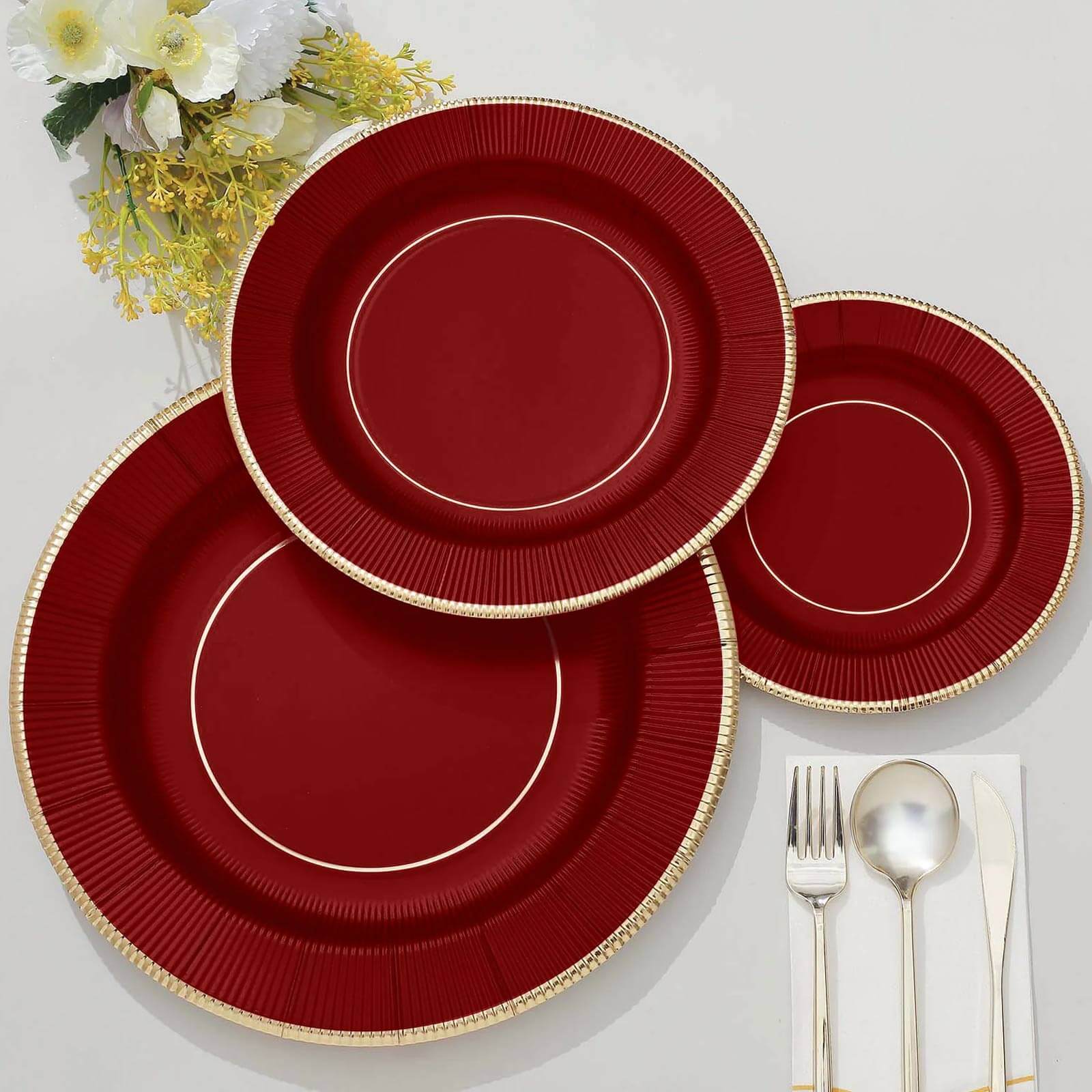 25-Pack Paper Round Dinner Plates 10" Burgundy Sunray Design with Gold Rim - 350GSM Heavy Duty Disposable Party Plates - Image 6