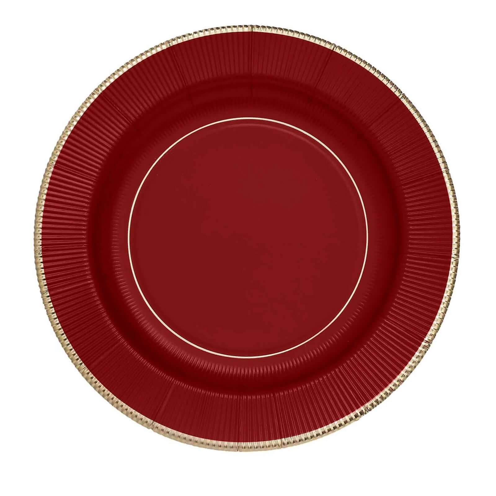 25-Pack Paper Round Dinner Plates 10" Burgundy Sunray Design with Gold Rim - 350GSM Heavy Duty Disposable Party Plates - Image 7