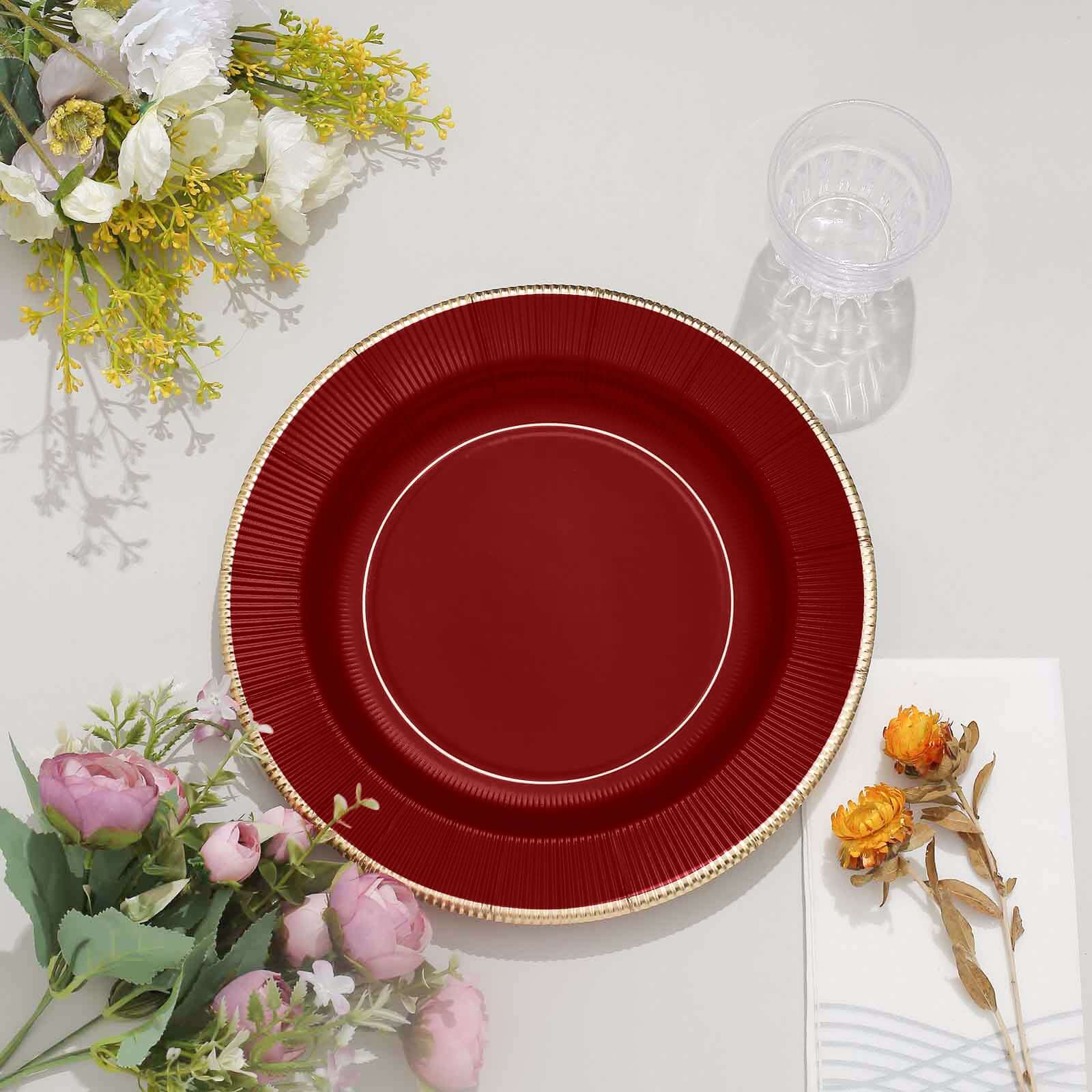 25-Pack Paper Round Dinner Plates 10" Burgundy Sunray Design with Gold Rim - 350GSM Heavy Duty Disposable Party Plates - Image 8