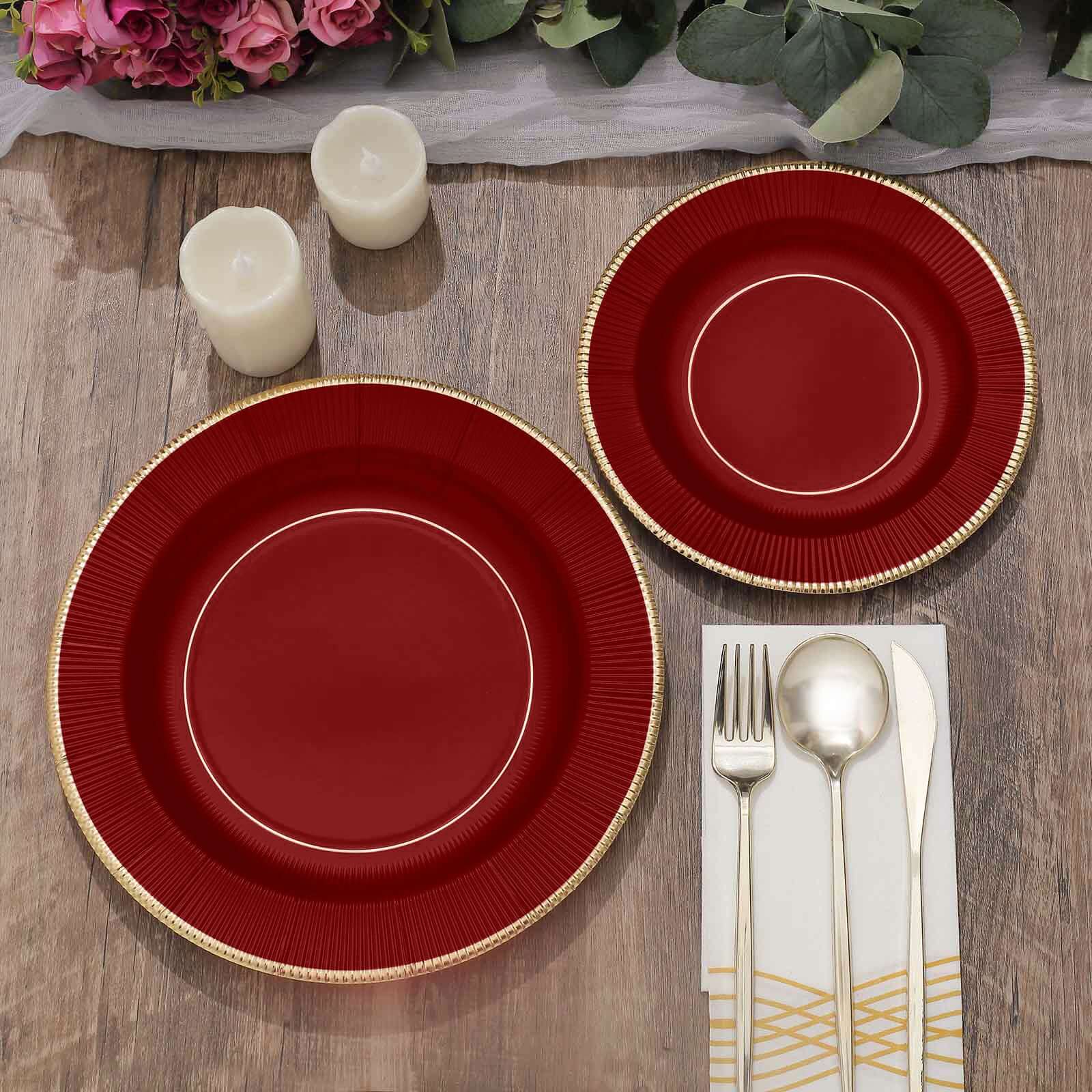 25-Pack Paper Round Dinner Plates 10" Burgundy Sunray Design with Gold Rim - 350GSM Heavy Duty Disposable Party Plates - Image 9