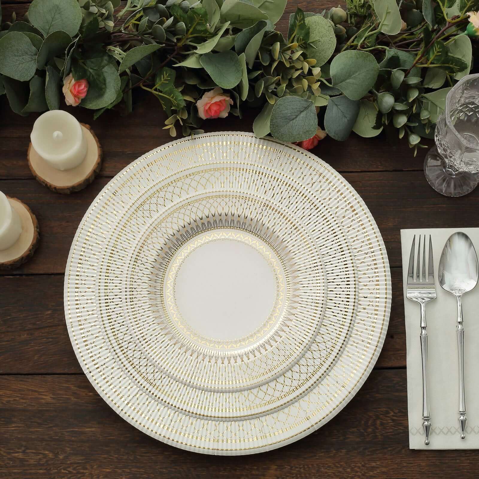 25-Pack Paper Round Dinner Plates 10" Gold And White Vintage Porcelain Style - 300GSM Heavy Duty Disposable Party Plates for Classy Themes & Celebrations - Image 6