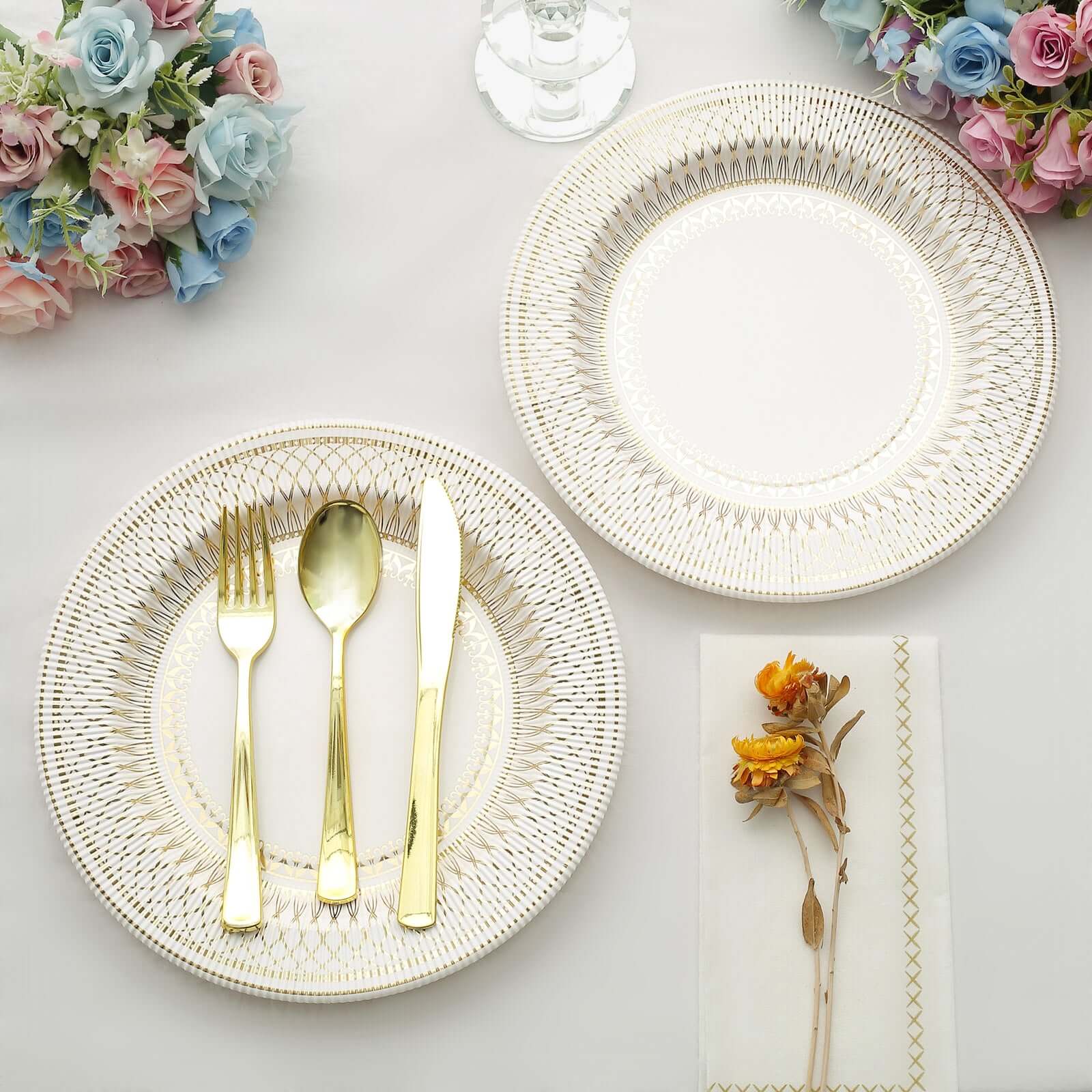 25-Pack Paper Round Dinner Plates 10" Gold And White Vintage Porcelain Style - 300GSM Heavy Duty Disposable Party Plates for Classy Themes & Celebrations - Image 8