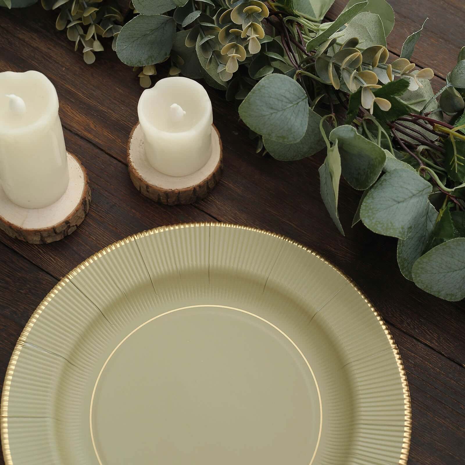 25-Pack Paper Round Dinner Plates 10" Khaki Sunray Design with Gold Rim - 350GSM Heavy Duty Disposable Party Plates - Image 14