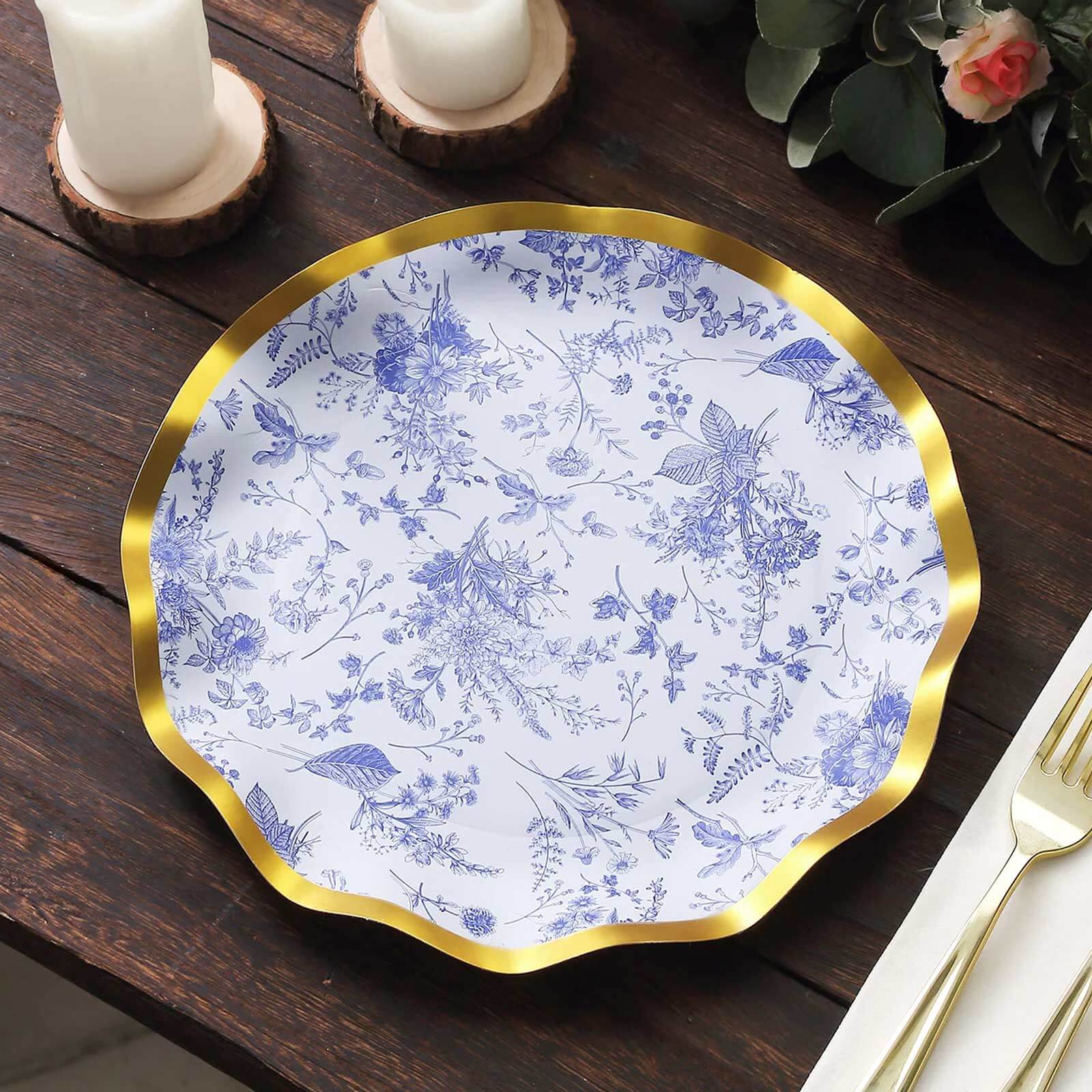 25-Pack Paper Round Dinner Plates 10" White Blue French Toile Floral Pattern with Gold Wavy Rim - 350GSM Disposable Party Plates