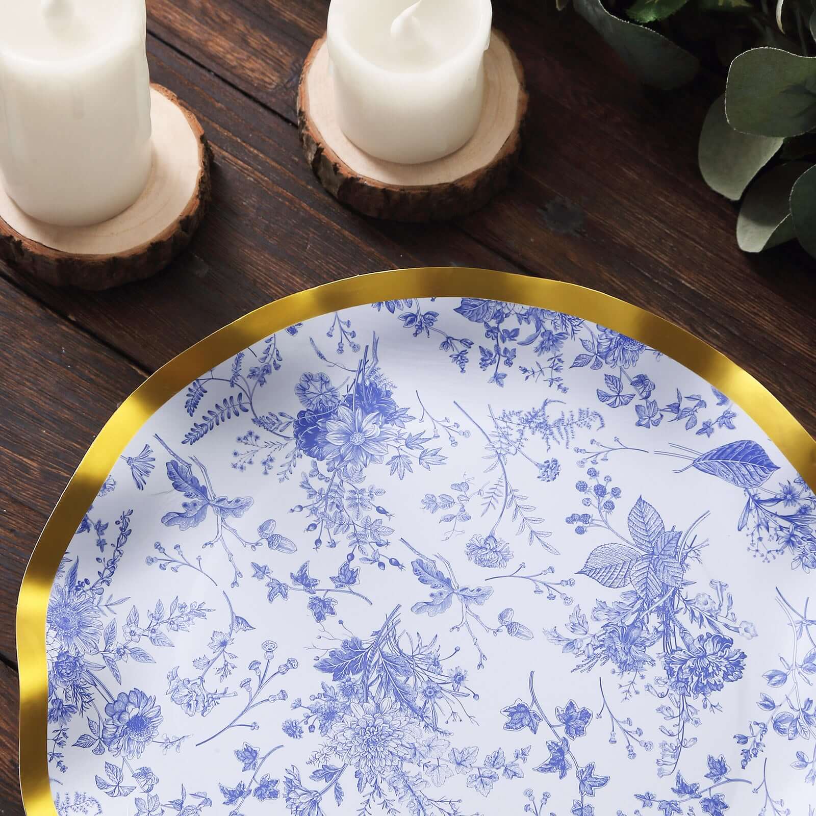 25-Pack Paper Round Dinner Plates 10" White Blue French Toile Floral Pattern with Gold Wavy Rim - 350GSM Disposable Party Plates - Image 12