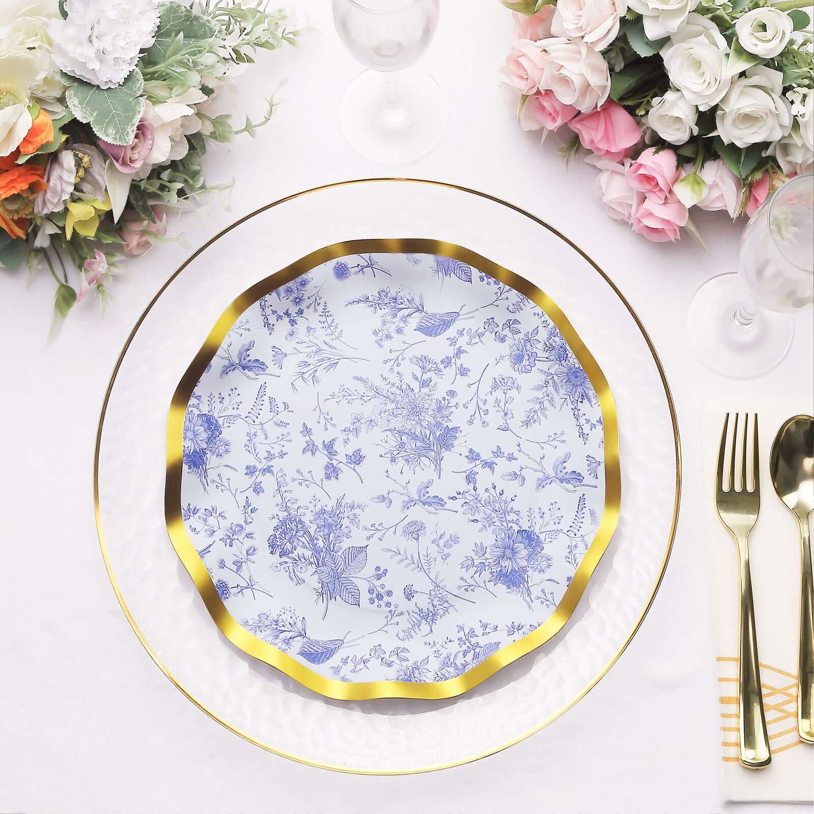25-Pack Paper Round Dinner Plates 10" White Blue French Toile Floral Pattern with Gold Wavy Rim - 350GSM Disposable Party Plates - Image 2