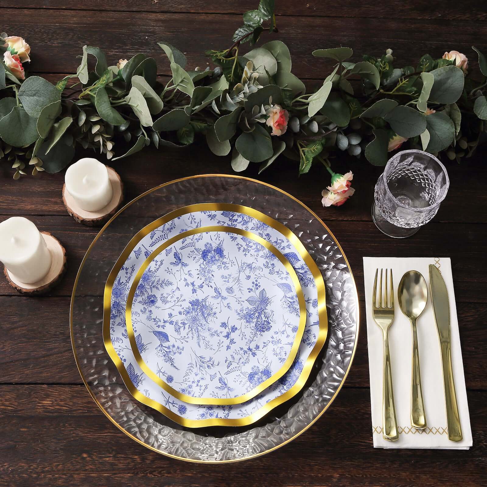 25-Pack Paper Round Dinner Plates 10" White Blue French Toile Floral Pattern with Gold Wavy Rim - 350GSM Disposable Party Plates - Image 4