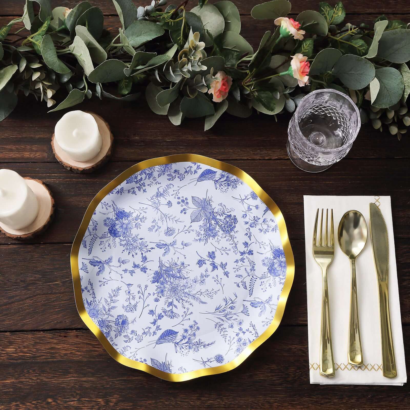 25-Pack Paper Round Dinner Plates 10" White Blue French Toile Floral Pattern with Gold Wavy Rim - 350GSM Disposable Party Plates - Image 5