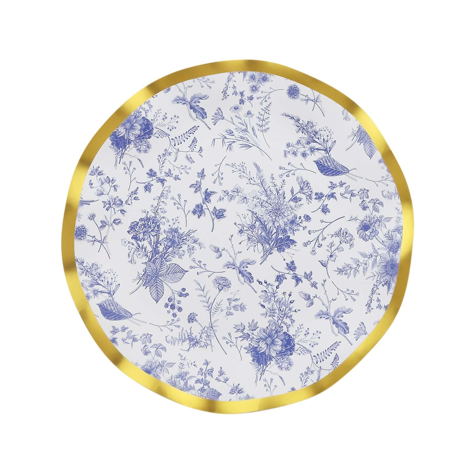 25-Pack Paper Round Dinner Plates 10" White Blue French Toile Floral Pattern with Gold Wavy Rim - 350GSM Disposable Party Plates - Image 7