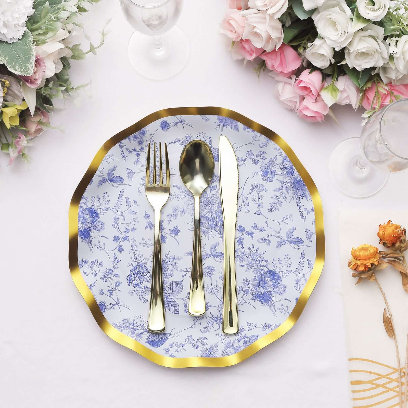 25-Pack Paper Round Dinner Plates 10" White Blue French Toile Floral Pattern with Gold Wavy Rim - 350GSM Disposable Party Plates - Image 9