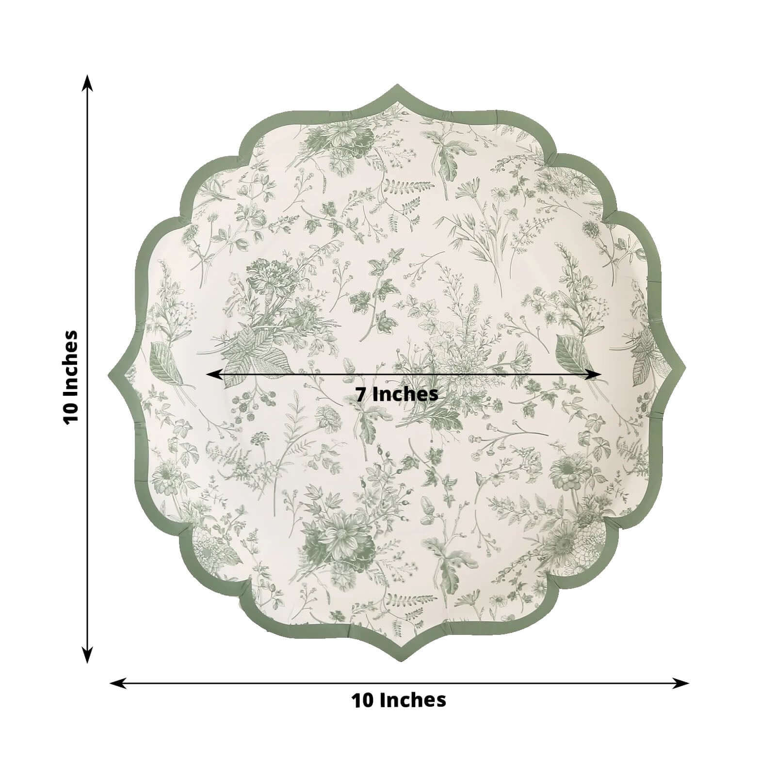 25-Pack Paper Dinner Plates 10" White with Sage Green French Toile Design & Scalloped Rim - 300GSM Disposable Party Plates - Image 3