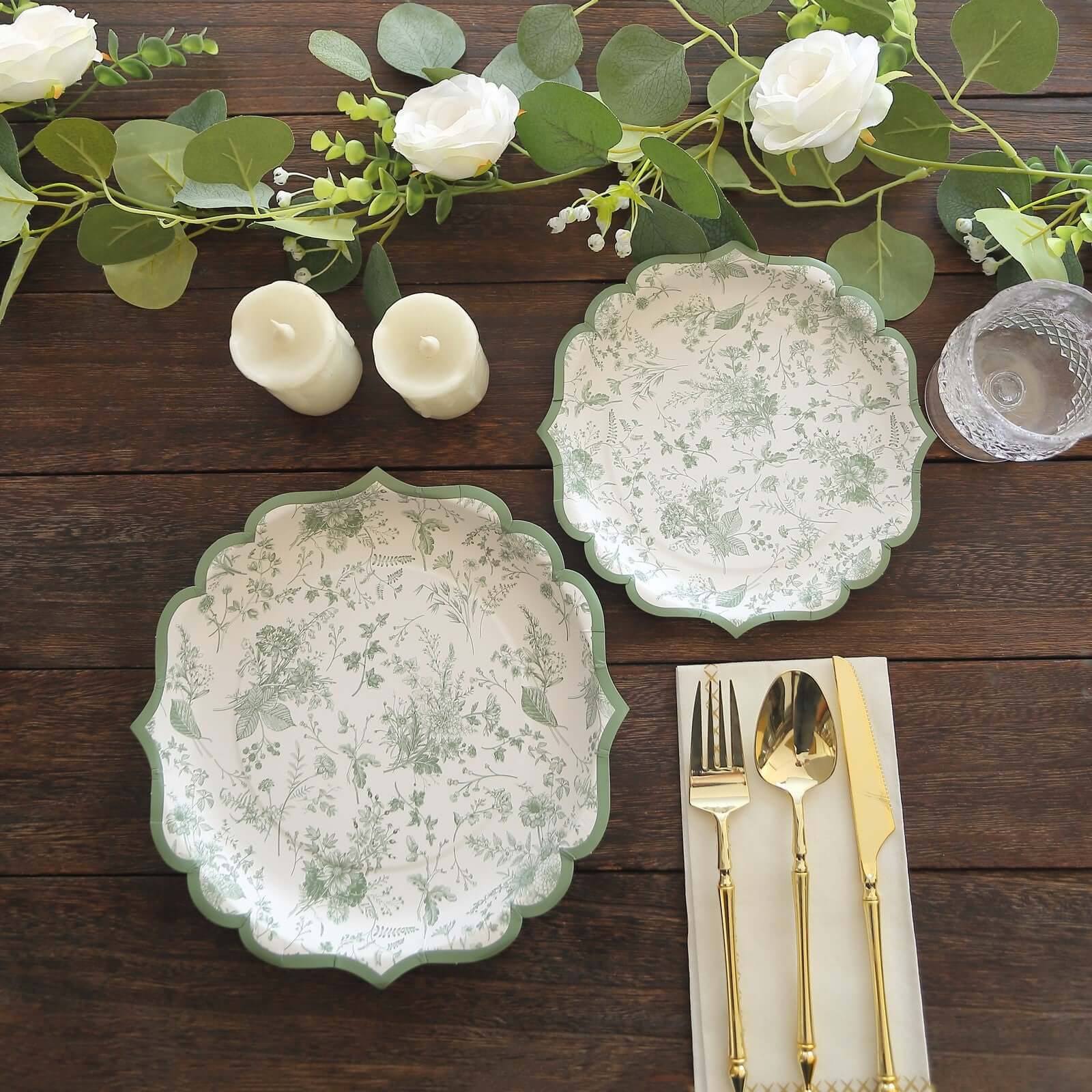 25-Pack Paper Dinner Plates 10" White with Sage Green French Toile Design & Scalloped Rim - 300GSM Disposable Party Plates - Image 4