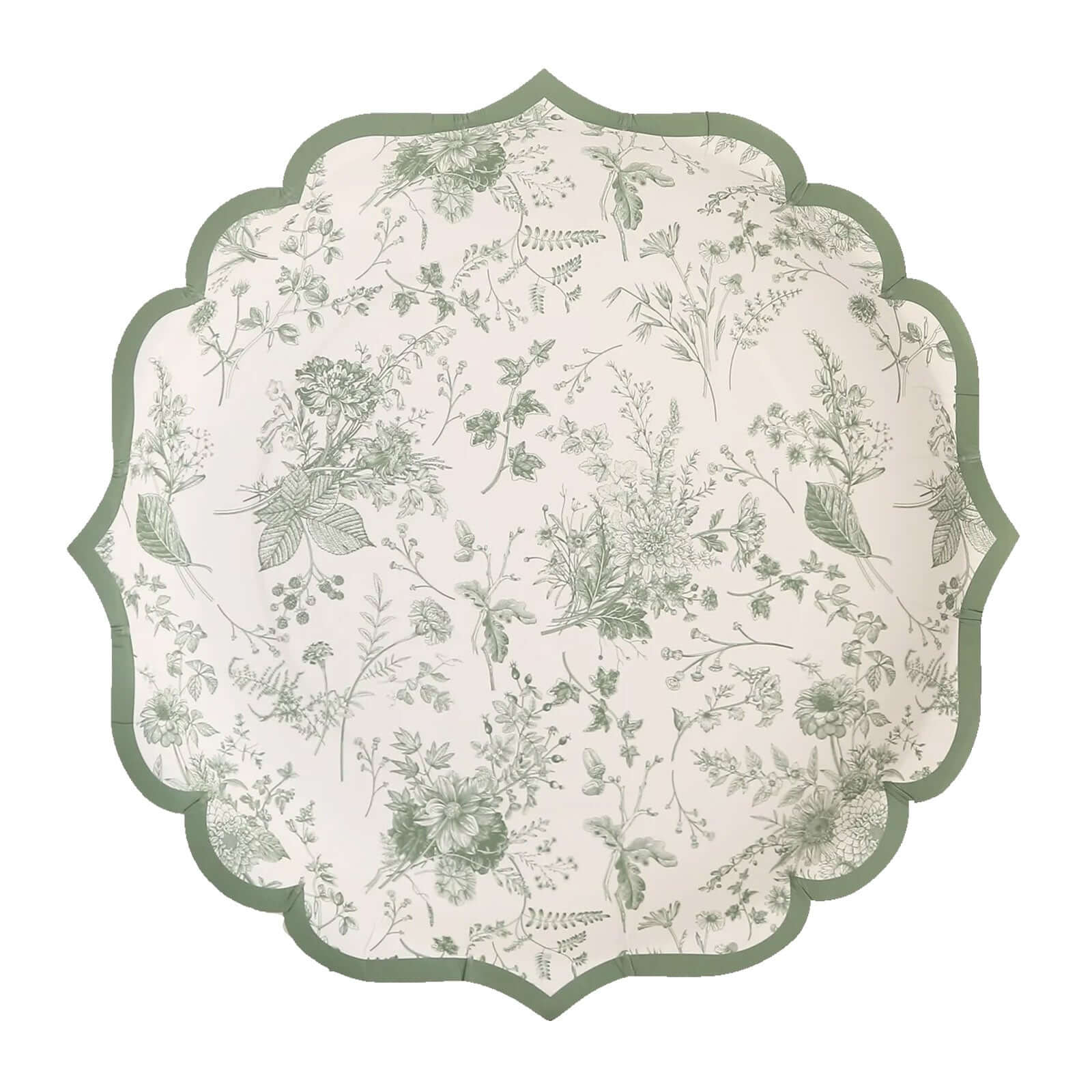 25-Pack Paper Dinner Plates 10" White with Sage Green French Toile Design & Scalloped Rim - 300GSM Disposable Party Plates - Image 6
