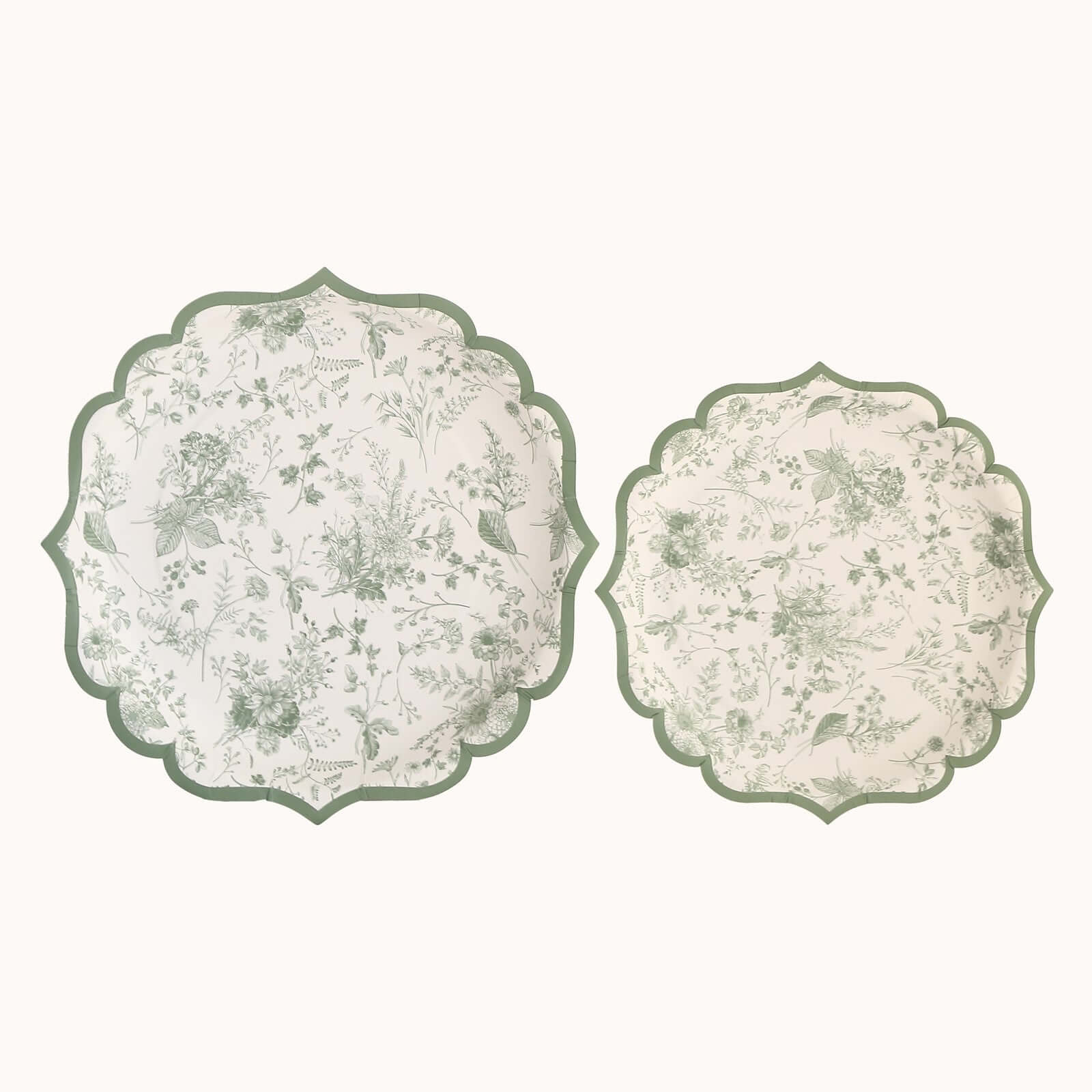25-Pack Paper Dinner Plates 10" White with Sage Green French Toile Design & Scalloped Rim - 300GSM Disposable Party Plates - Image 8