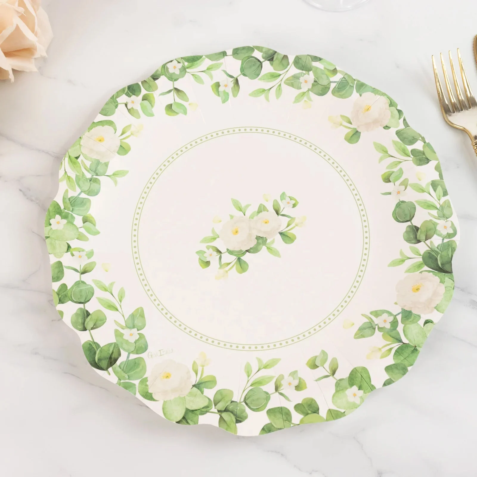 25-Pack Paper Round Dinner Plates 11" White with Floral Greenery & Scalloped Edges - Disposable Party Plates for Rustic Weddings & Garden Brunches