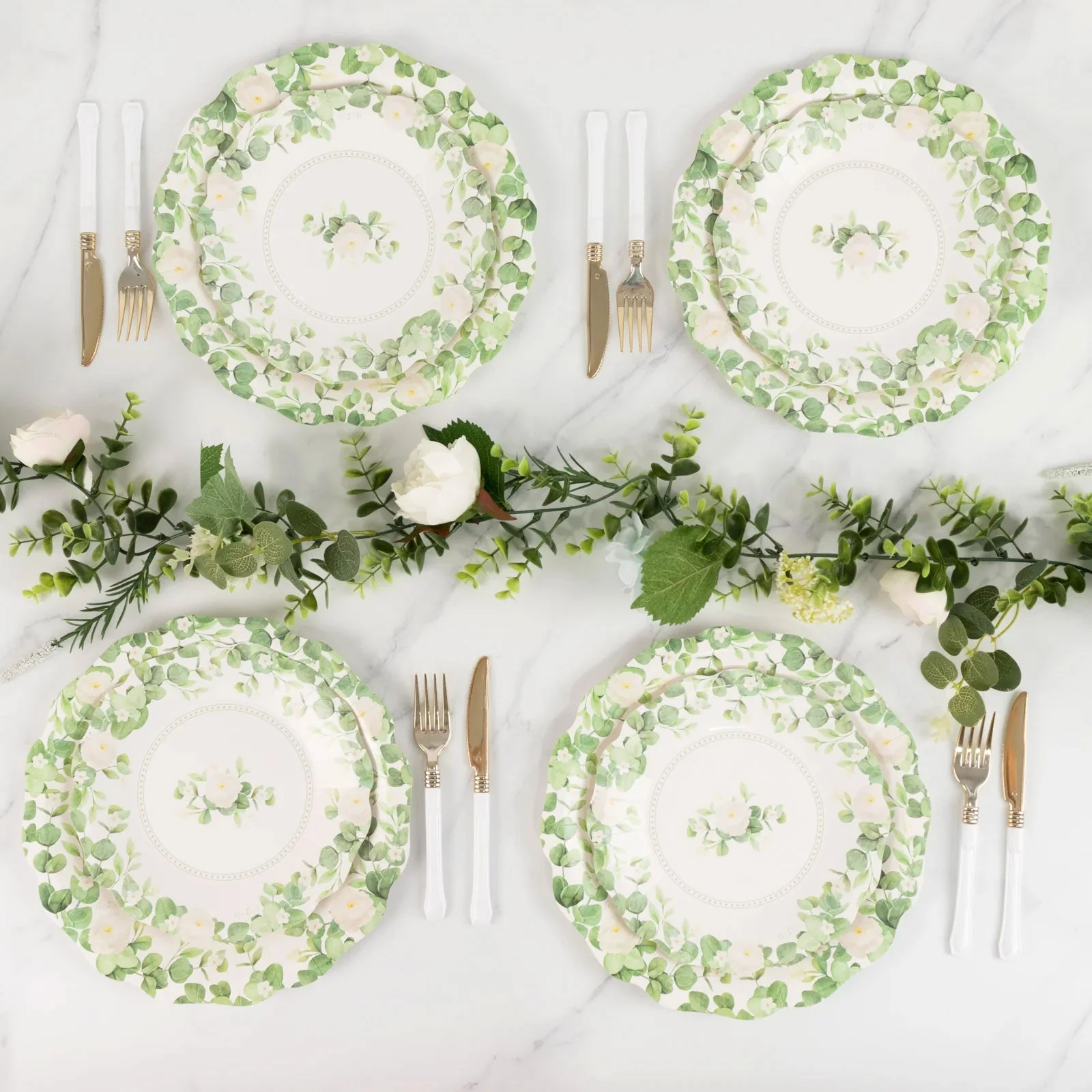 25-Pack Paper Round Dinner Plates 11" White with Floral Greenery & Scalloped Edges - Disposable Party Plates for Rustic Weddings & Garden Brunches - Image 2