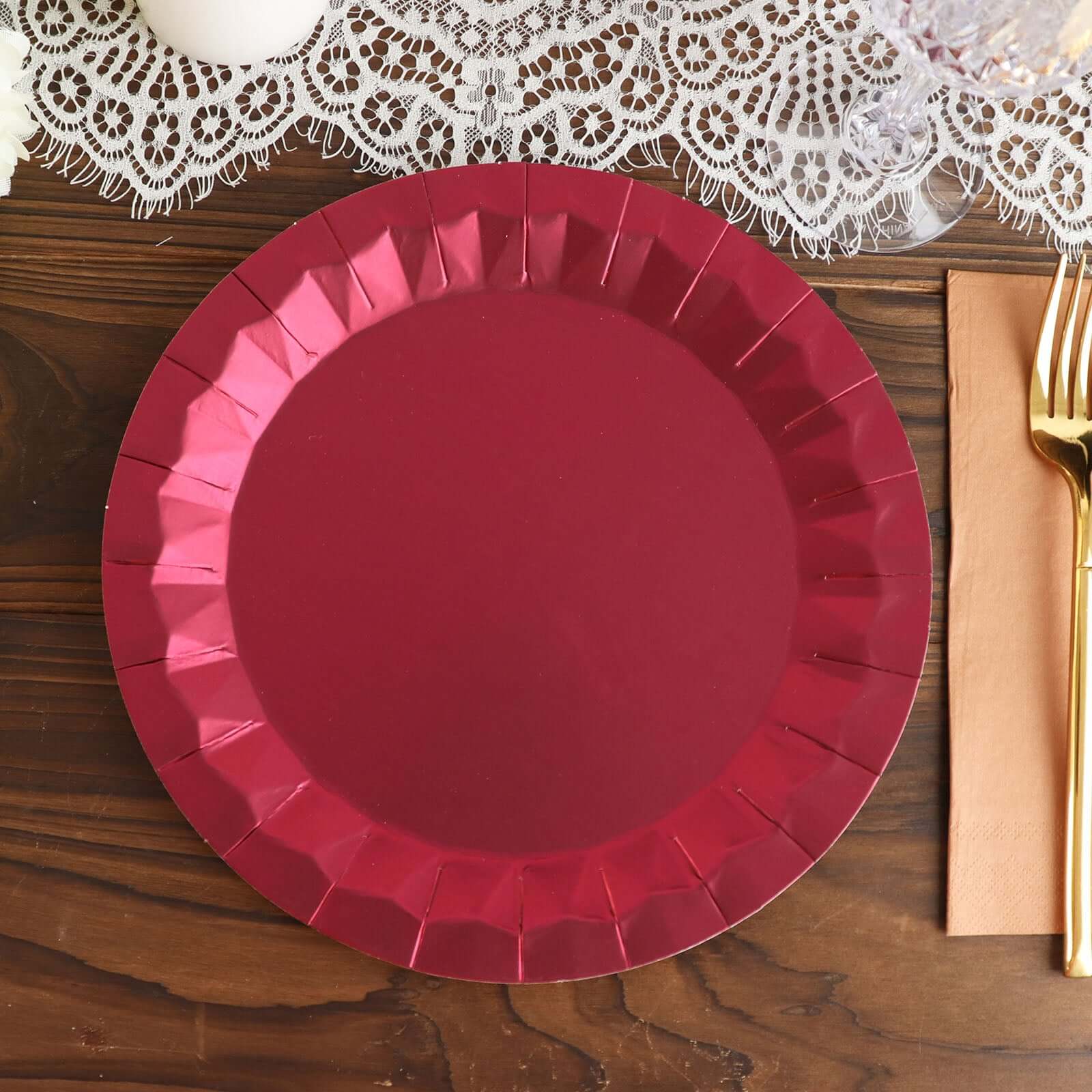 25-Pack Paper Round Dinner Plates 9" Burgundy with Geometric Prism Rim - 400GSM Disposable Party Plates - Image 10