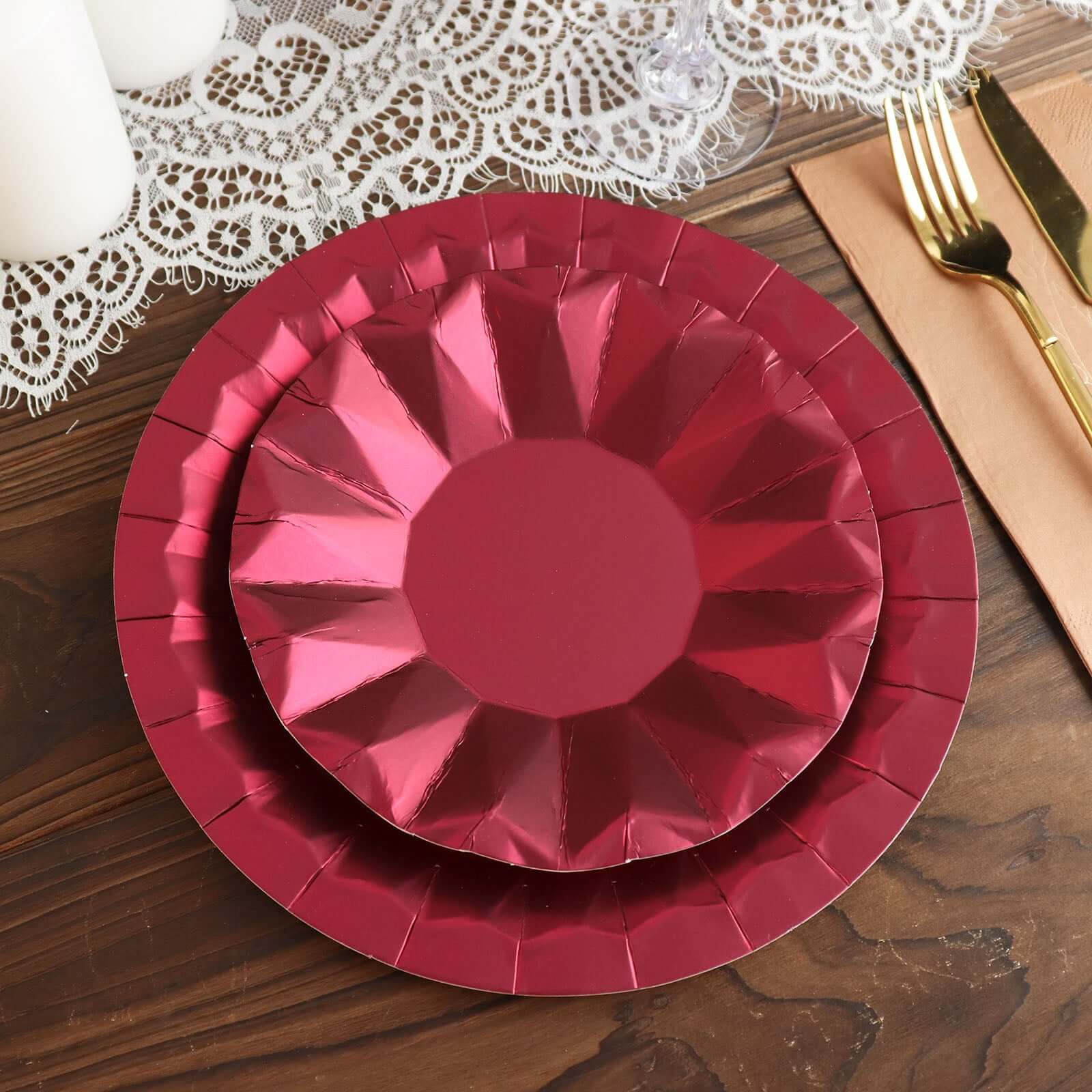 25-Pack Paper Round Dinner Plates 9" Burgundy with Geometric Prism Rim - 400GSM Disposable Party Plates - Image 12