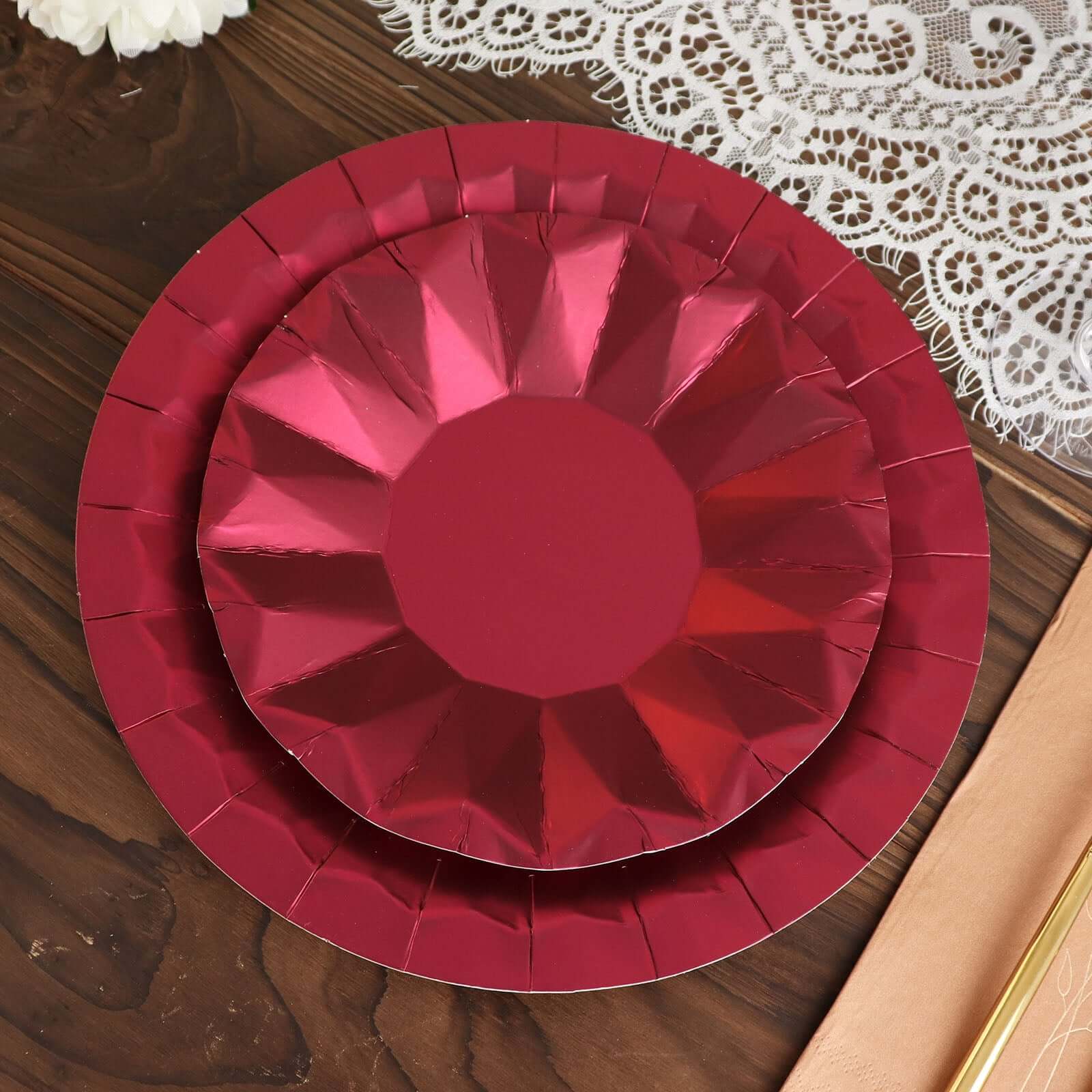 25-Pack Paper Round Dinner Plates 9" Burgundy with Geometric Prism Rim - 400GSM Disposable Party Plates - Image 13