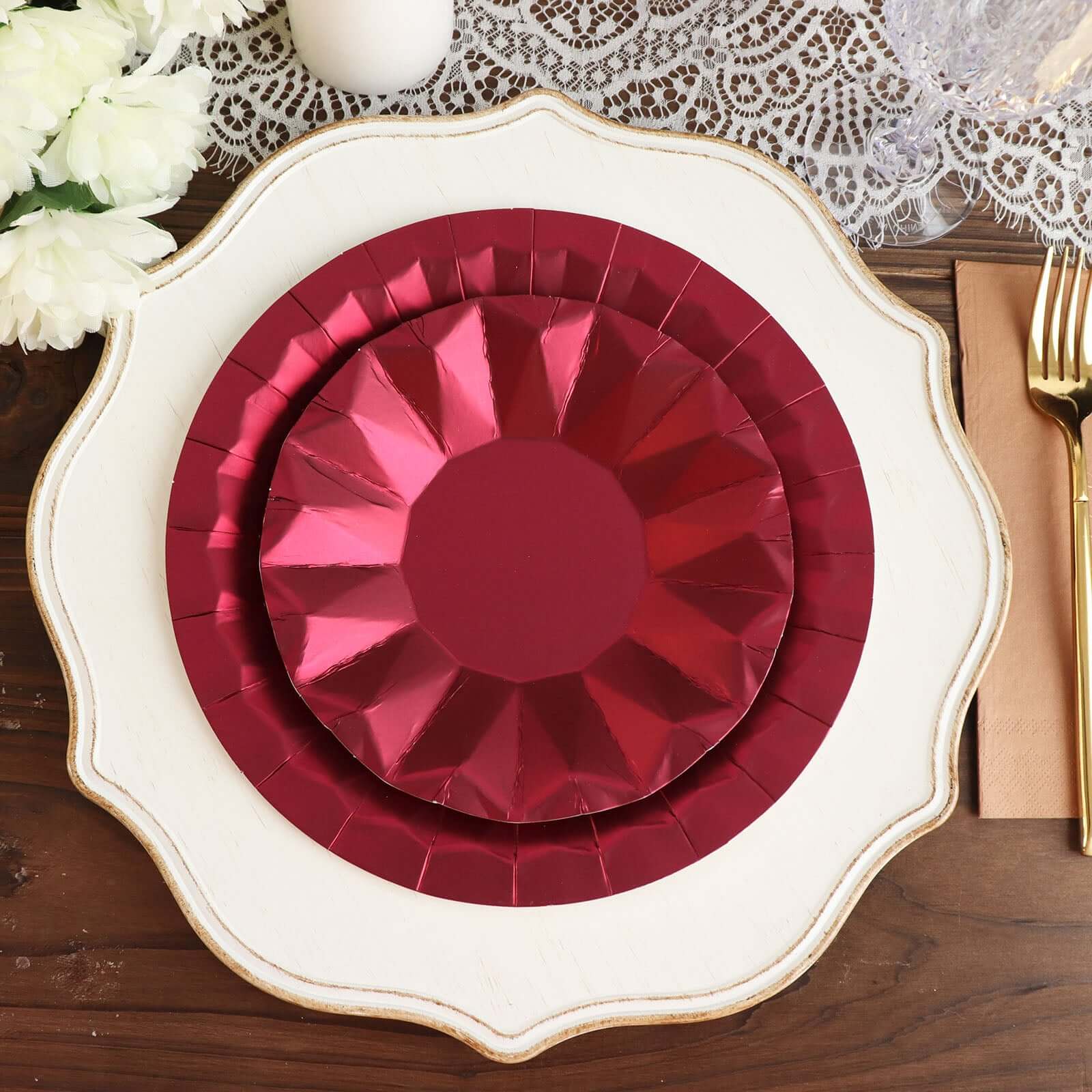 25-Pack Paper Round Dinner Plates 9" Burgundy with Geometric Prism Rim - 400GSM Disposable Party Plates - Image 2