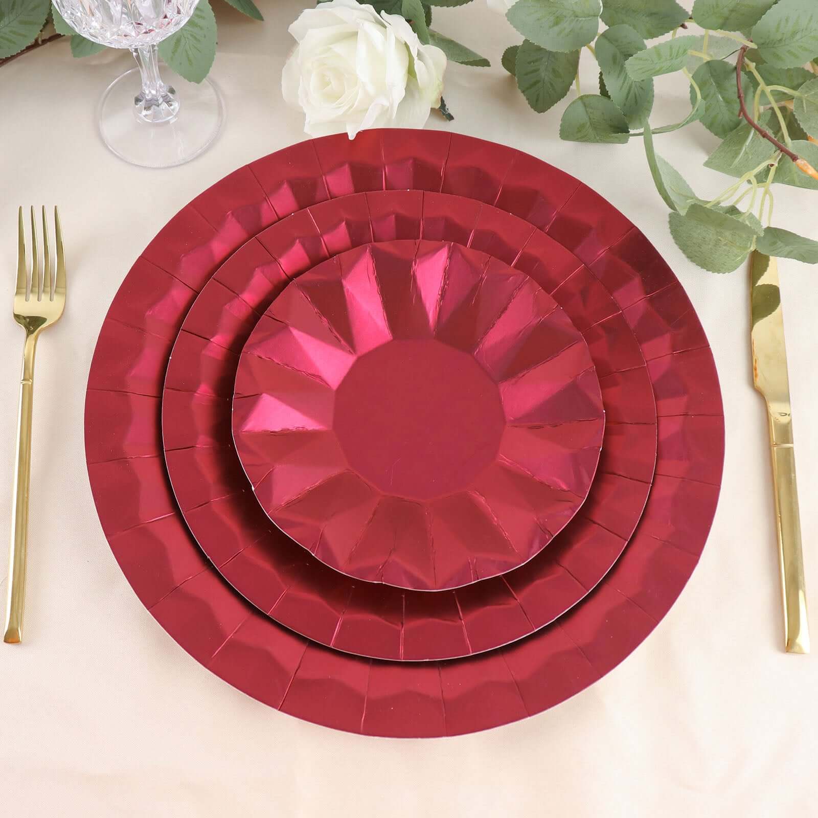 25-Pack Paper Round Dinner Plates 9" Burgundy with Geometric Prism Rim - 400GSM Disposable Party Plates - Image 5