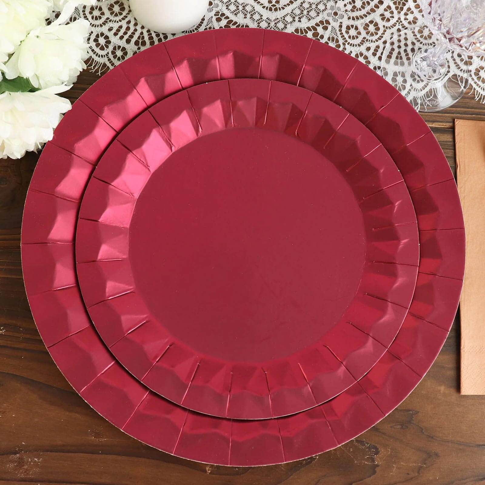 25-Pack Paper Round Dinner Plates 9" Burgundy with Geometric Prism Rim - 400GSM Disposable Party Plates - Image 6