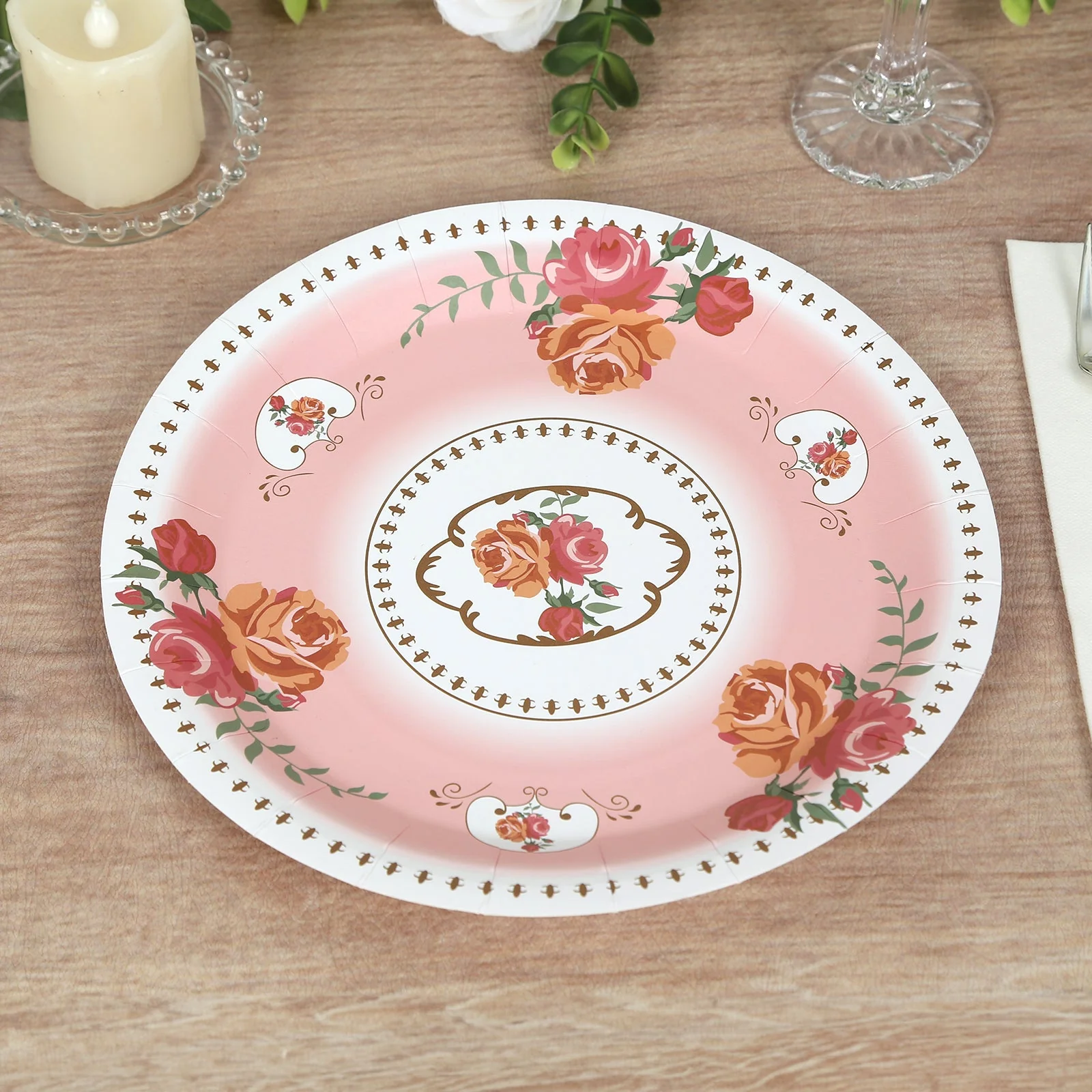 25-Pack Paper Round Dinner Plates 9" Dusty Rose with Vintage Rose Flower Print - Disposable Plates for Bridal Showers & Garden Luncheons - Image 4