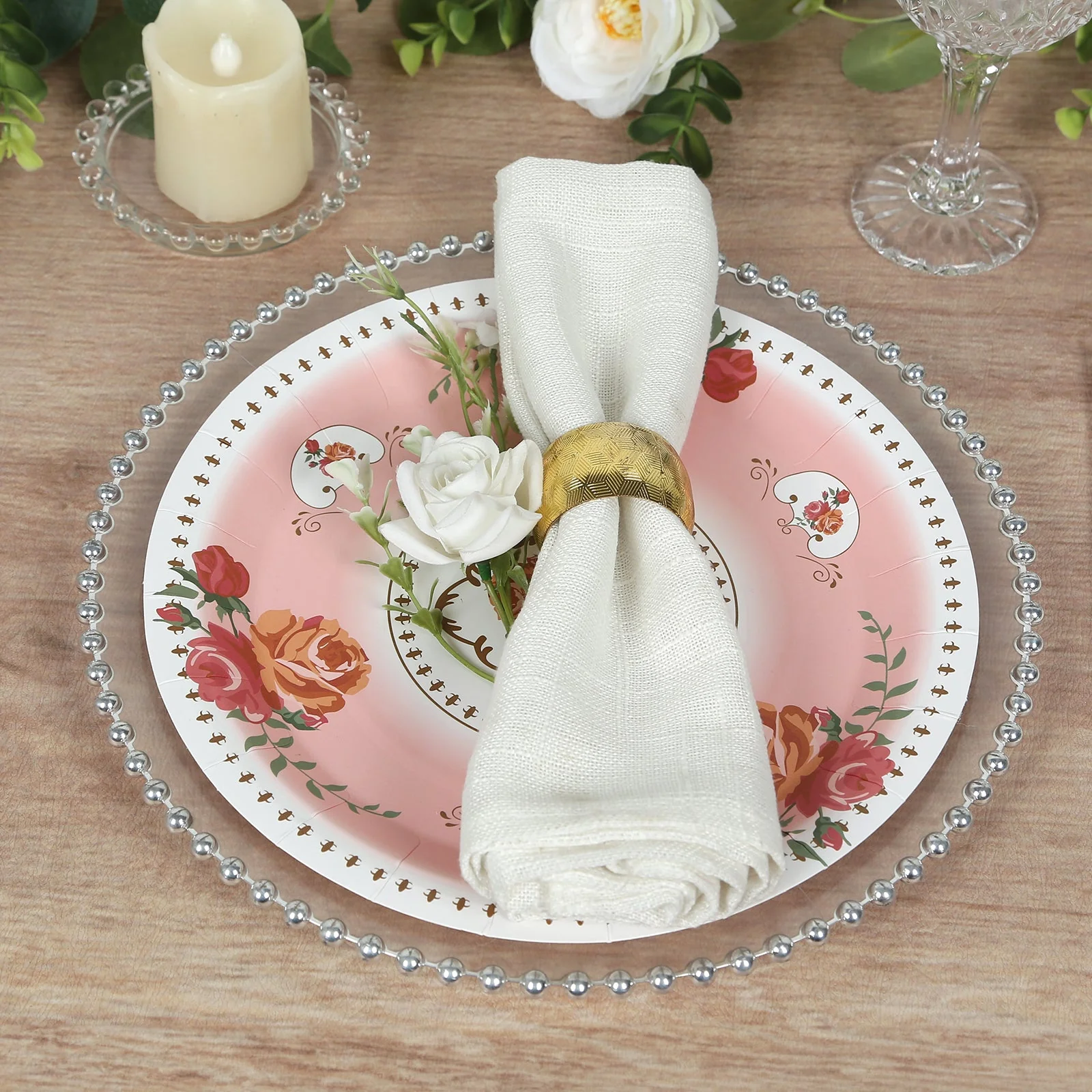 25-Pack Paper Round Dinner Plates 9" Dusty Rose with Vintage Rose Flower Print - Disposable Plates for Bridal Showers & Garden Luncheons - Image 9