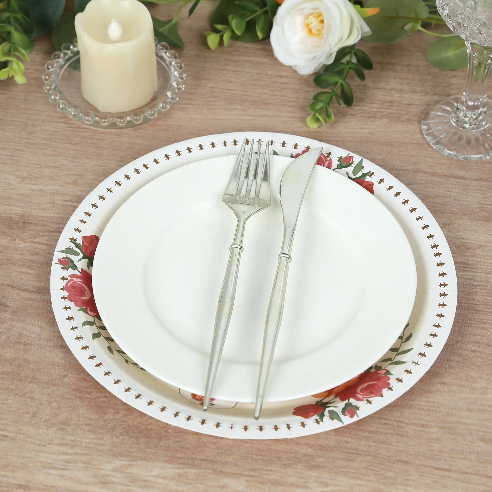 25-Pack Paper Round Dinner Plates 9" Ivory with Vintage Rose Flower Print - Disposable Plates for Bridal Showers & Garden Luncheons - Image 8