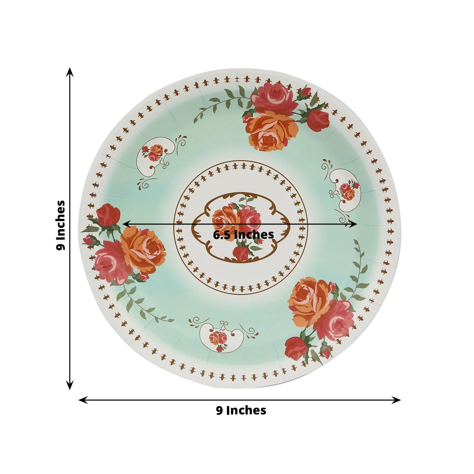 25-Pack Paper Round Dinner Plates 9" Light Turquoise with Vintage Rose Flower Print - Disposable Plates for Bridal Showers & Garden Luncheons - Image 2