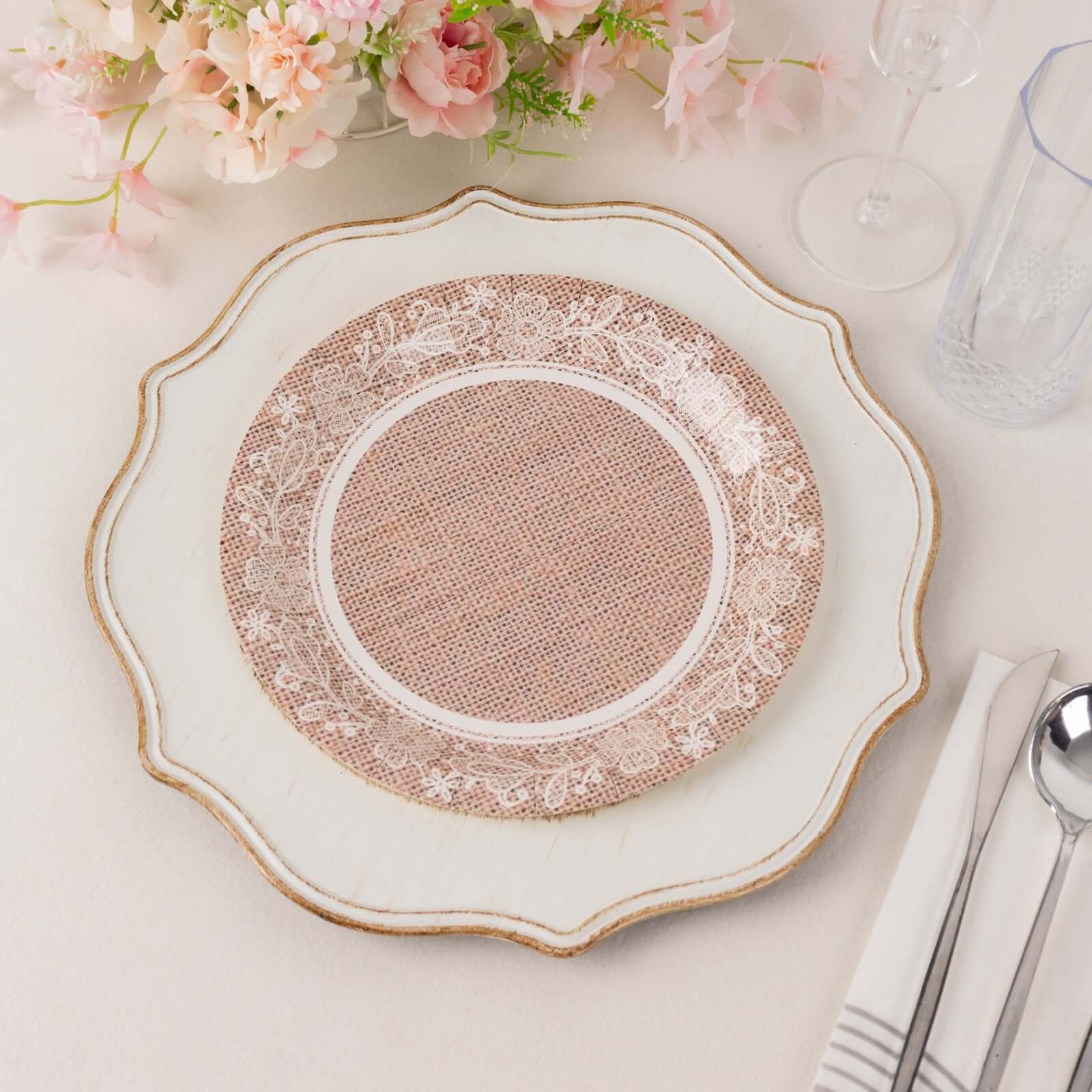 25-Pack Paper Round Dinner Plates 9" Natural Burlap Print with White Floral Lace Rim - Rustic Farmhouse Style Disposable Party Plates - Image 4