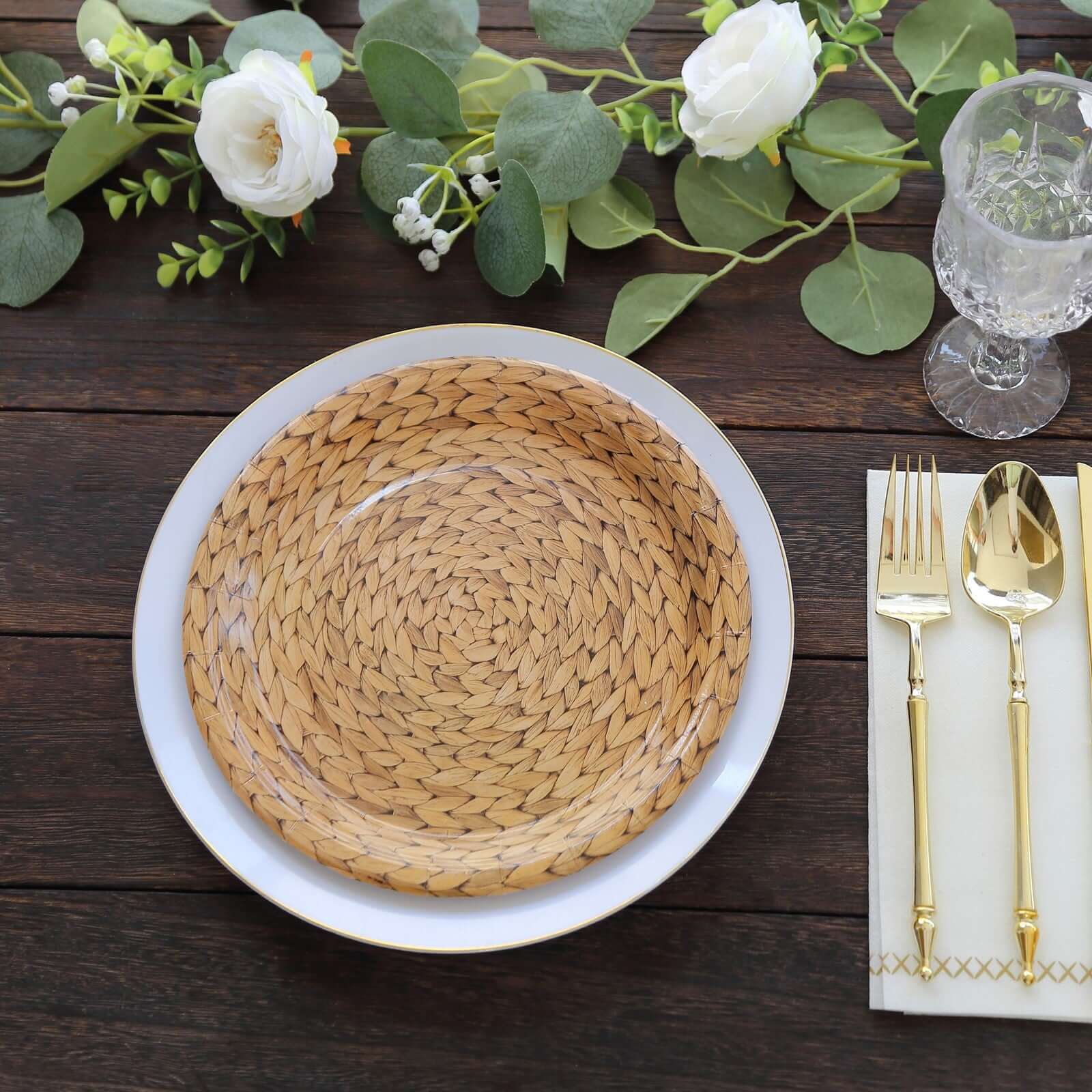 25-Pack Paper Round Dinner Plates 9" Natural with Woven Rattan Print - 300GSM Rustic Farmhouse Disposable Party Plates for Boho Brunches & Outdoor Gatherings - Image 2