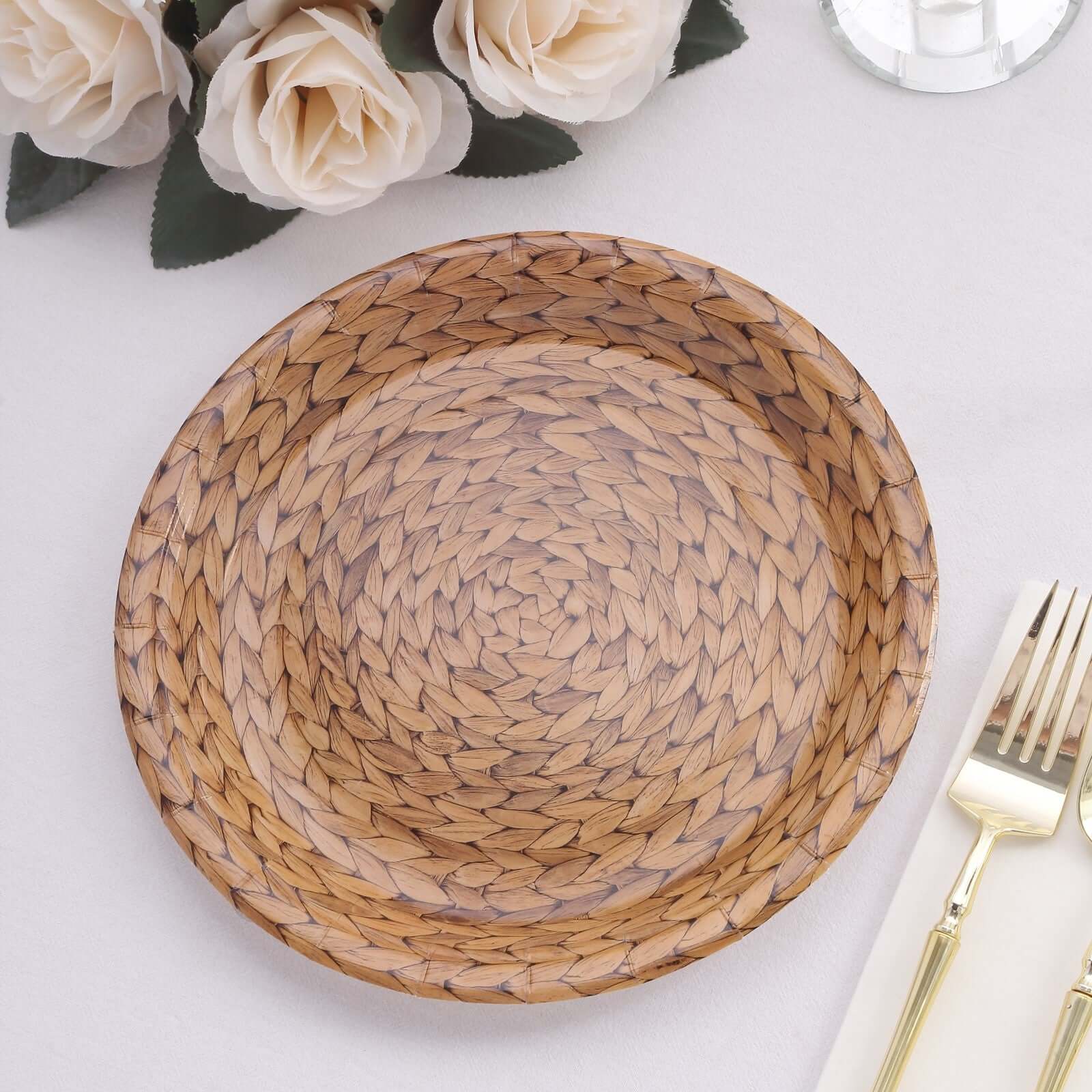 25-Pack Paper Round Dinner Plates 9" Natural with Woven Rattan Print - 300GSM Rustic Farmhouse Disposable Party Plates for Boho Brunches & Outdoor Gatherings - Image 4
