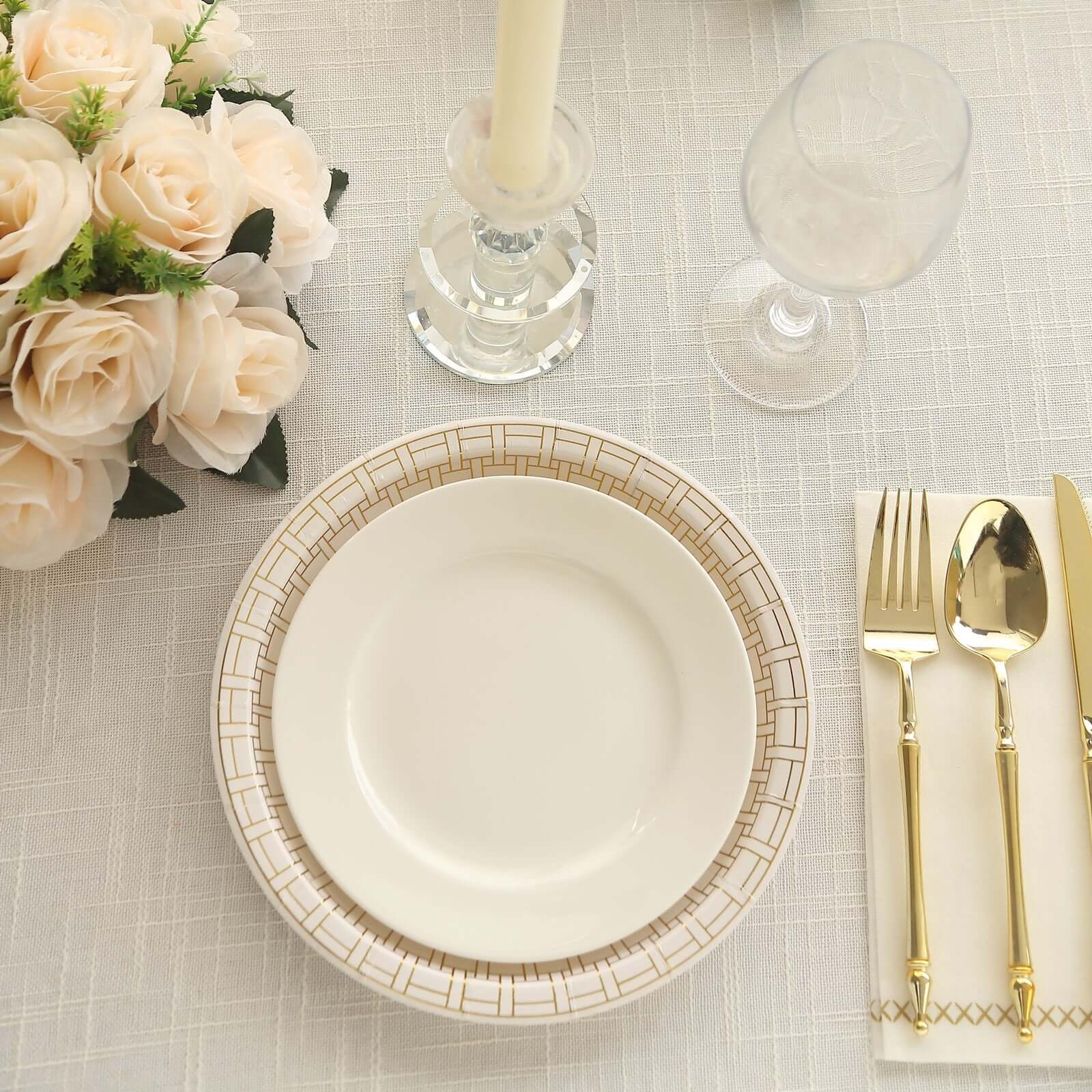 25-Pack Paper Round Dinner Plates 9" White with Gold Basketweave Rim - Disposable Party Plates for Exquisite Gatherings & Celebrations - Image 4