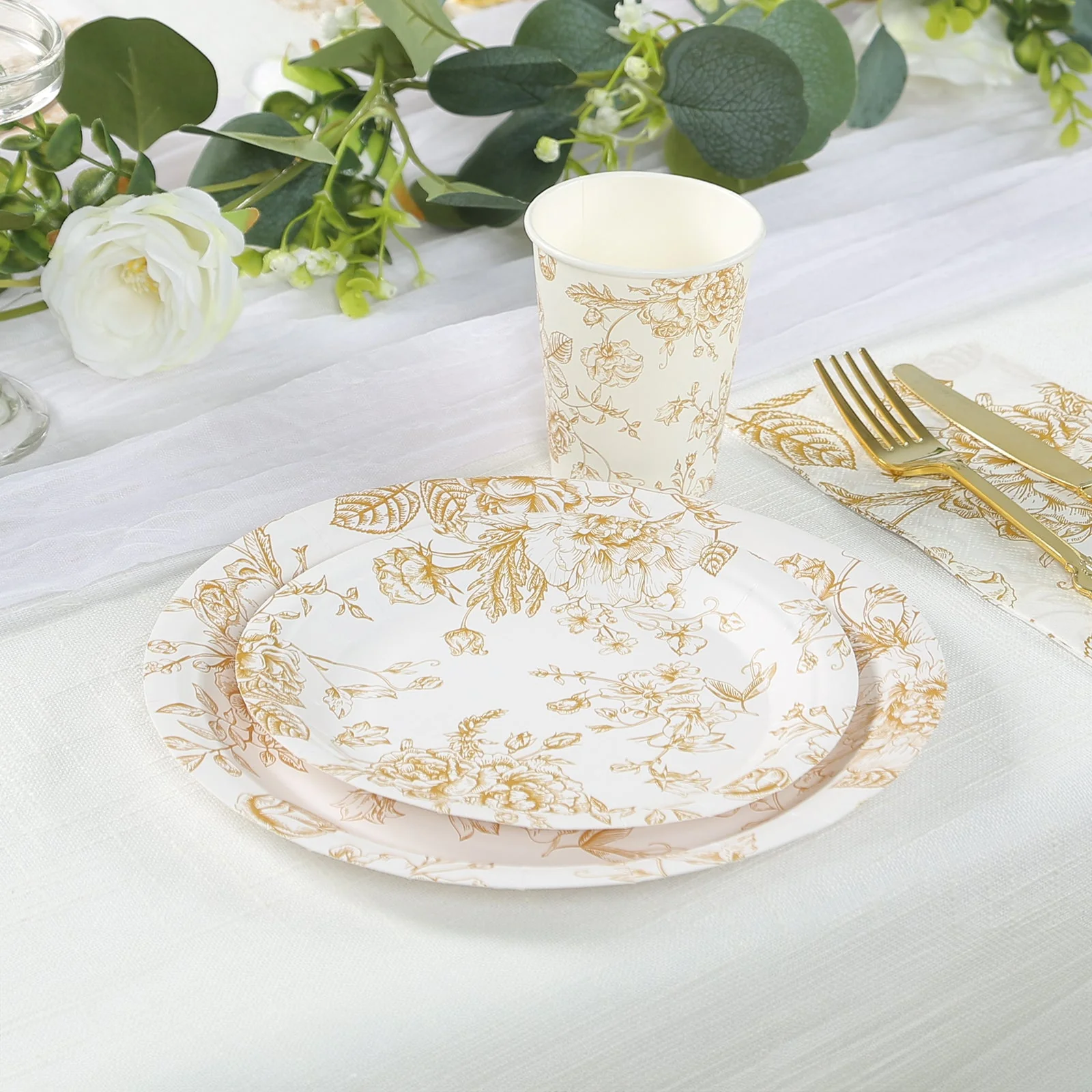 25-Pack Paper Round Dinner Plates 9" White with Gold French Toile Pattern - Disposable Floral Party Plates for Chic Events - Image 2