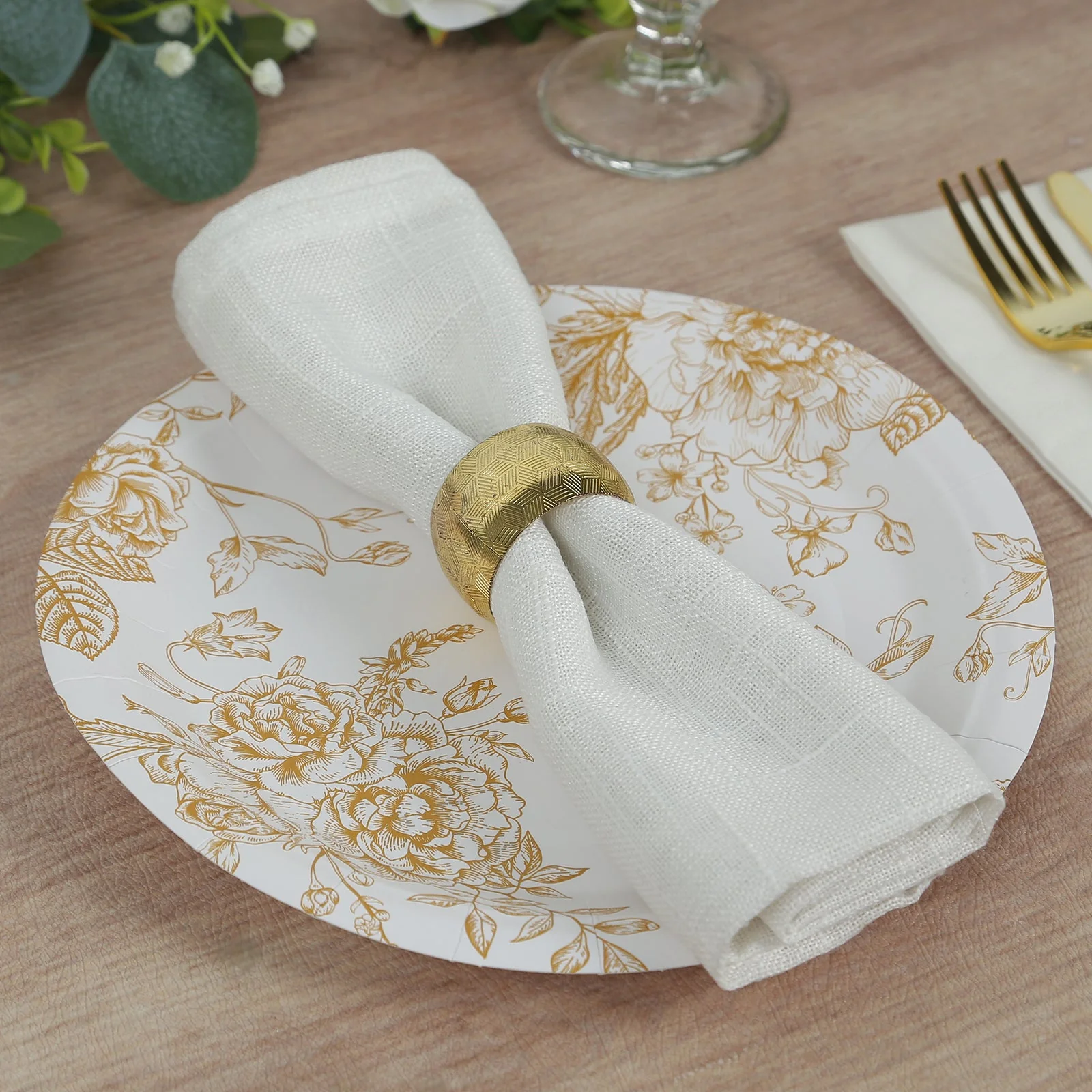 25-Pack Paper Round Dinner Plates 9" White with Gold French Toile Pattern - Disposable Floral Party Plates for Chic Events - Image 9