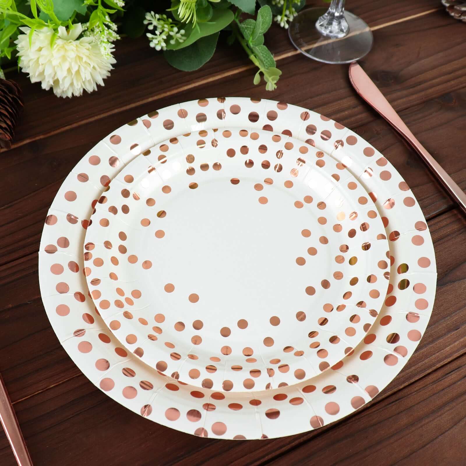 25-Pack Paper Round Dinner Plates 9" White with Metallic Rose Gold Polka Dots - 300GSM Disposable Party Plates for Cocktail Events & Receptions - Image 15