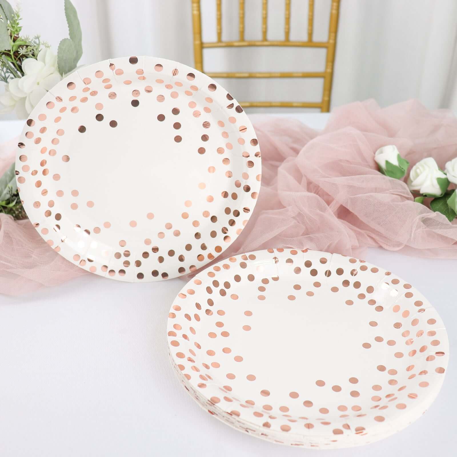 25-Pack Paper Round Dinner Plates 9" White with Metallic Rose Gold Polka Dots - 300GSM Disposable Party Plates for Cocktail Events & Receptions - Image 8