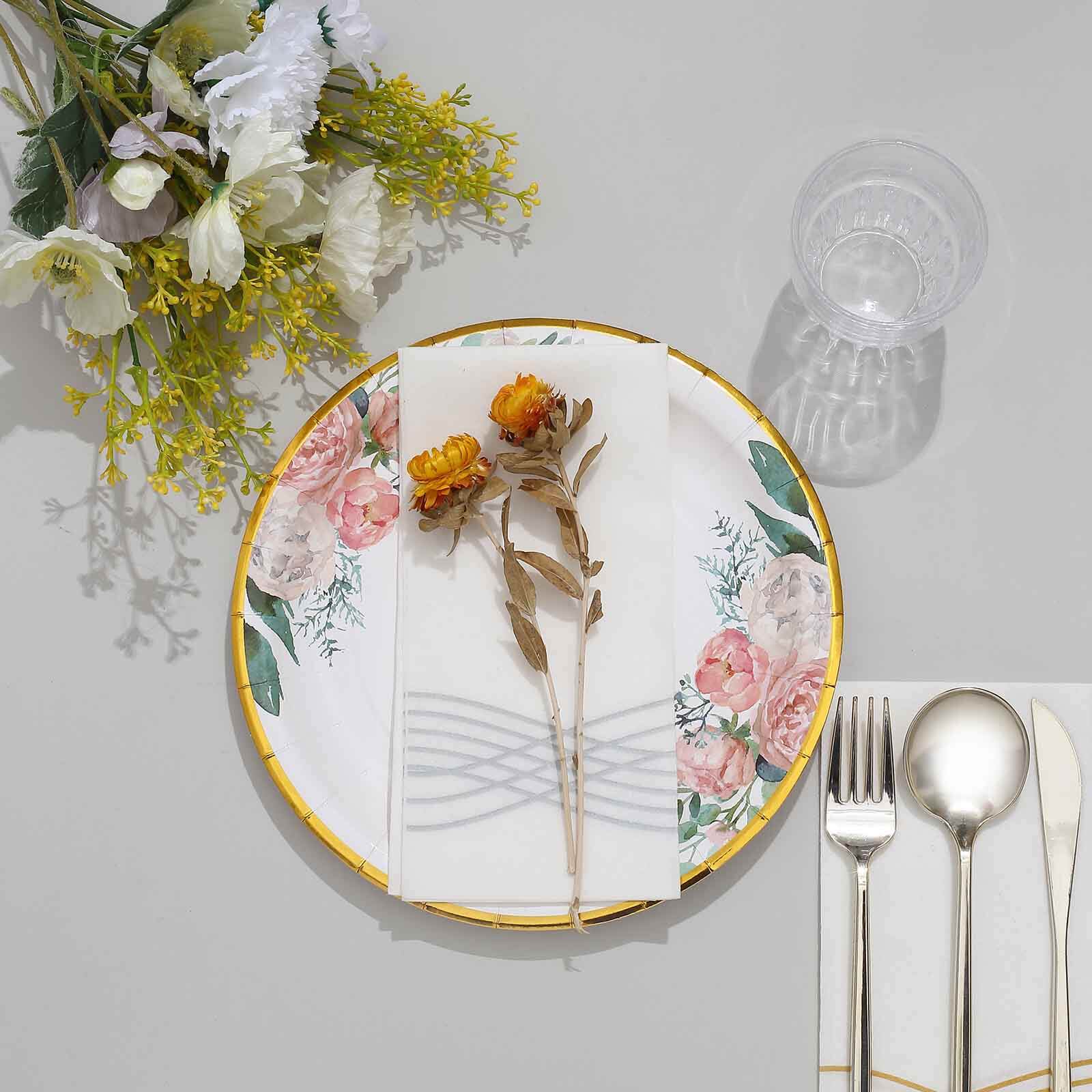 25-Pack Paper Round Dinner Plates 9" White with Peony Floral Design & Gold Rim - Disposable Round Lunch Party Plates for Garden Parties & Baby Showers - Image 11