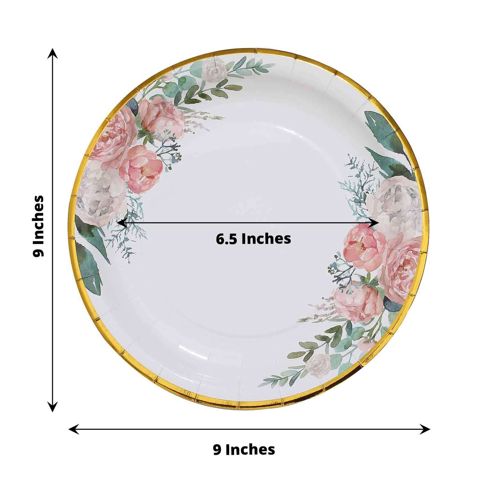 25-Pack Paper Round Dinner Plates 9" White with Peony Floral Design & Gold Rim - Disposable Round Lunch Party Plates for Garden Parties & Baby Showers - Image 3