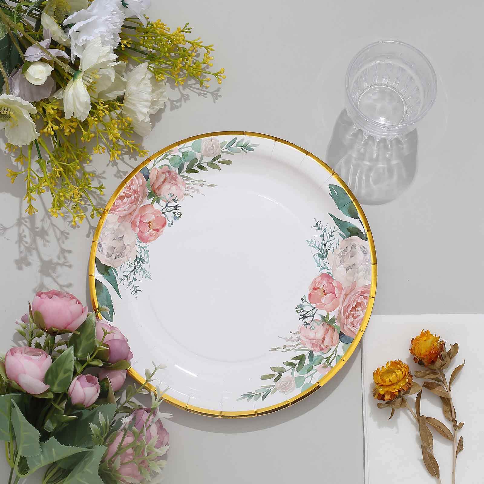 25-Pack Paper Round Dinner Plates 9" White with Peony Floral Design & Gold Rim - Disposable Round Lunch Party Plates for Garden Parties & Baby Showers - Image 5