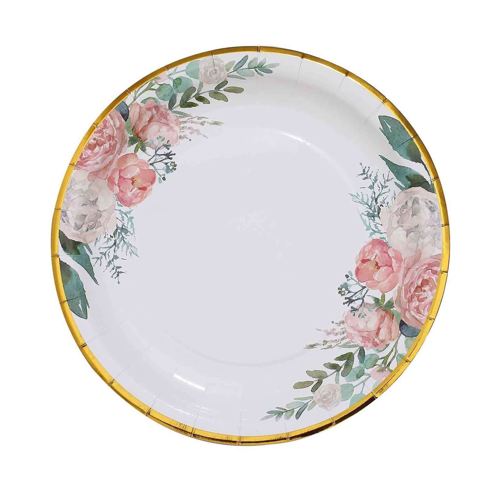 25-Pack Paper Round Dinner Plates 9" White with Peony Floral Design & Gold Rim - Disposable Round Lunch Party Plates for Garden Parties & Baby Showers - Image 7