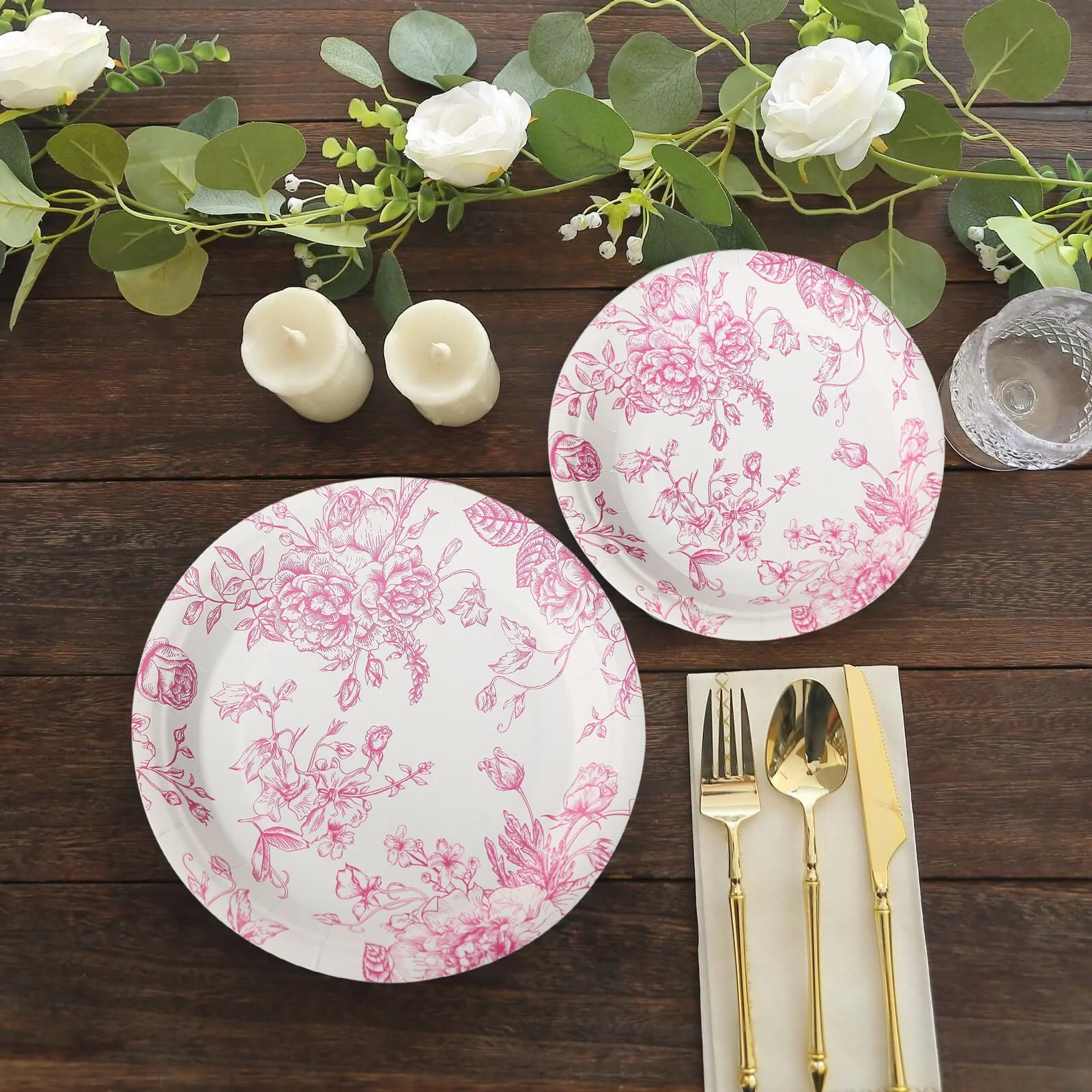 25-Pack Paper Round Dinner Plates 9" White with Pink French Toile Pattern - Disposable Floral Party Plates for Chic Events - Image 7